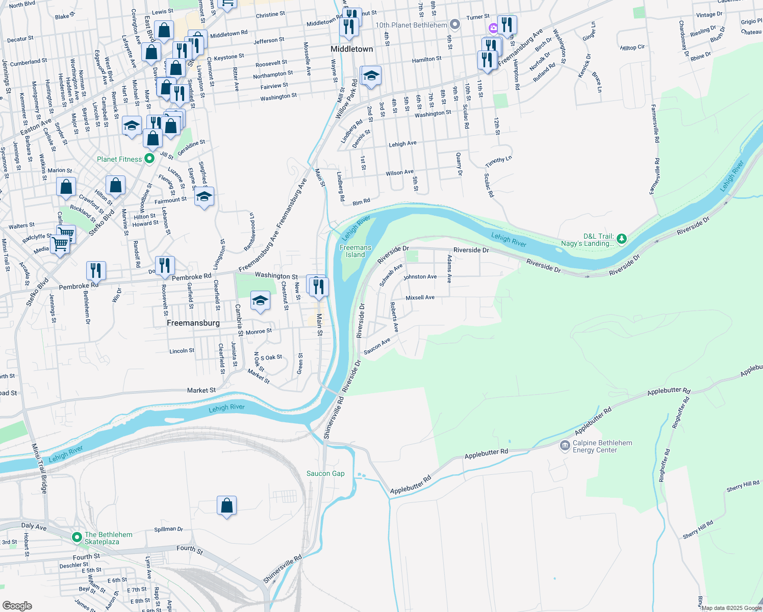 map of restaurants, bars, coffee shops, grocery stores, and more near 2072 Schwab Avenue in Bethlehem