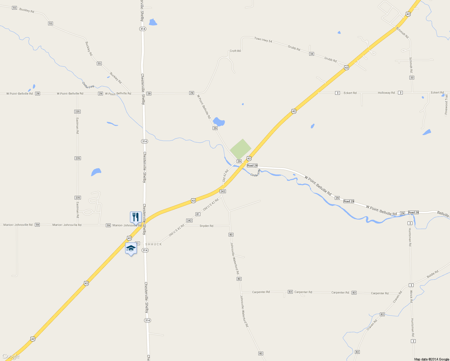 map of restaurants, bars, coffee shops, grocery stores, and more near 7737 County Road 242 in Bellville