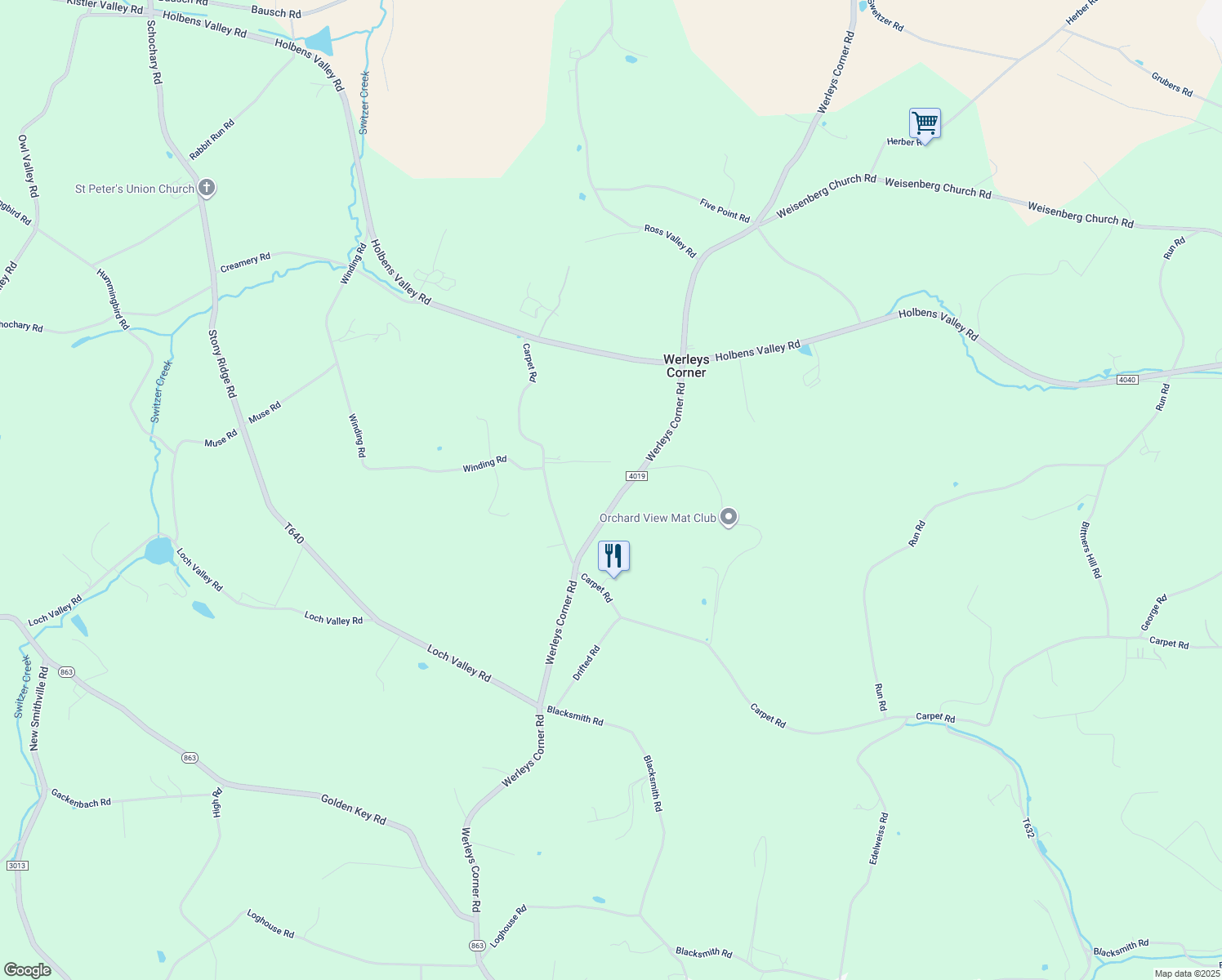 map of restaurants, bars, coffee shops, grocery stores, and more near 4352 Werleys Corner Road in New Tripoli