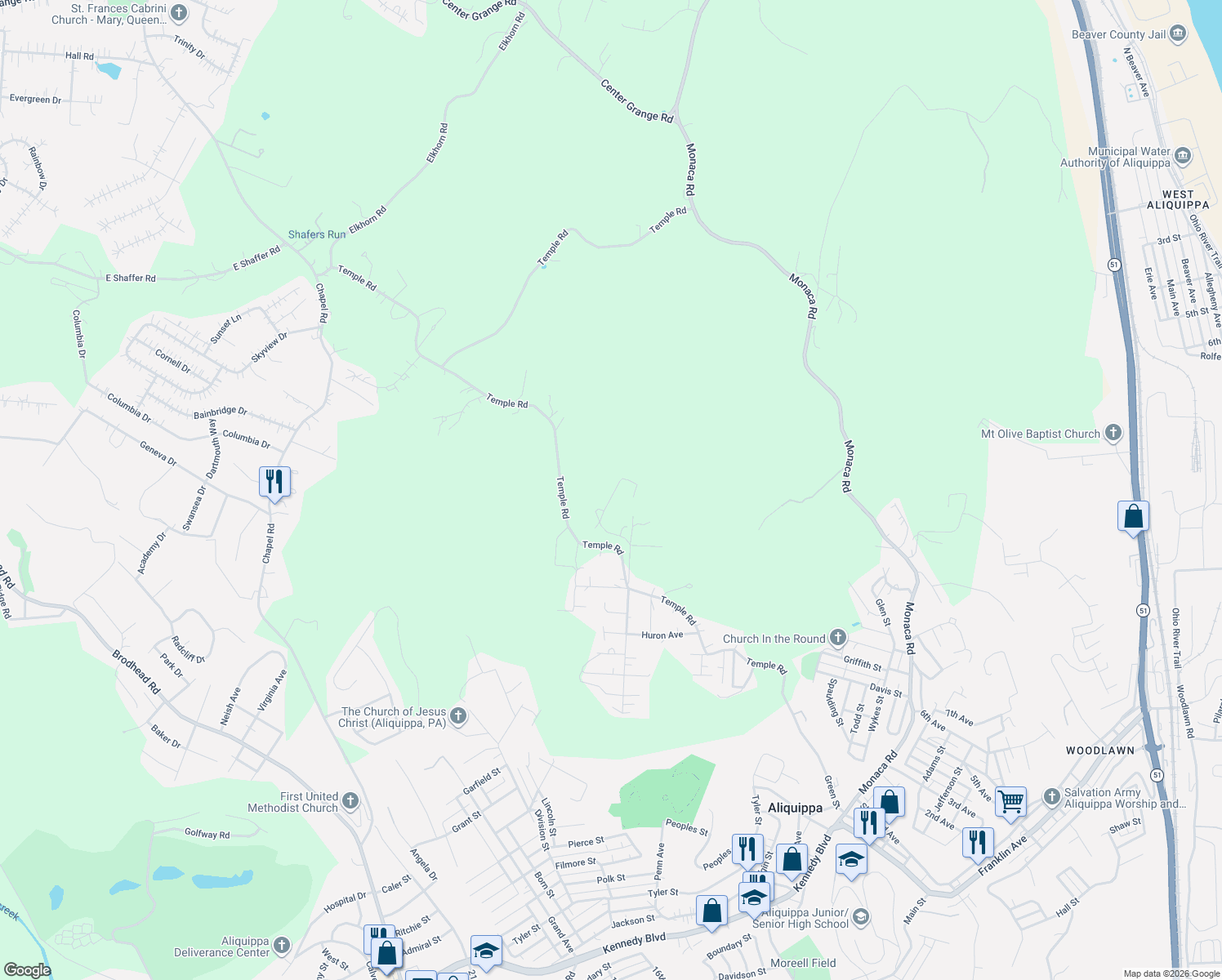 map of restaurants, bars, coffee shops, grocery stores, and more near 308 Fern Street in Aliquippa
