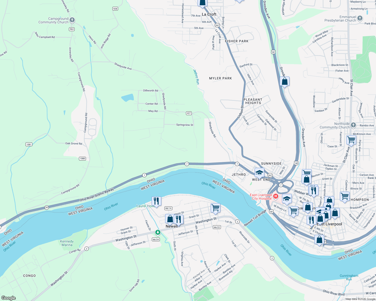 map of restaurants, bars, coffee shops, grocery stores, and more near 1348 Zenith Court in East Liverpool