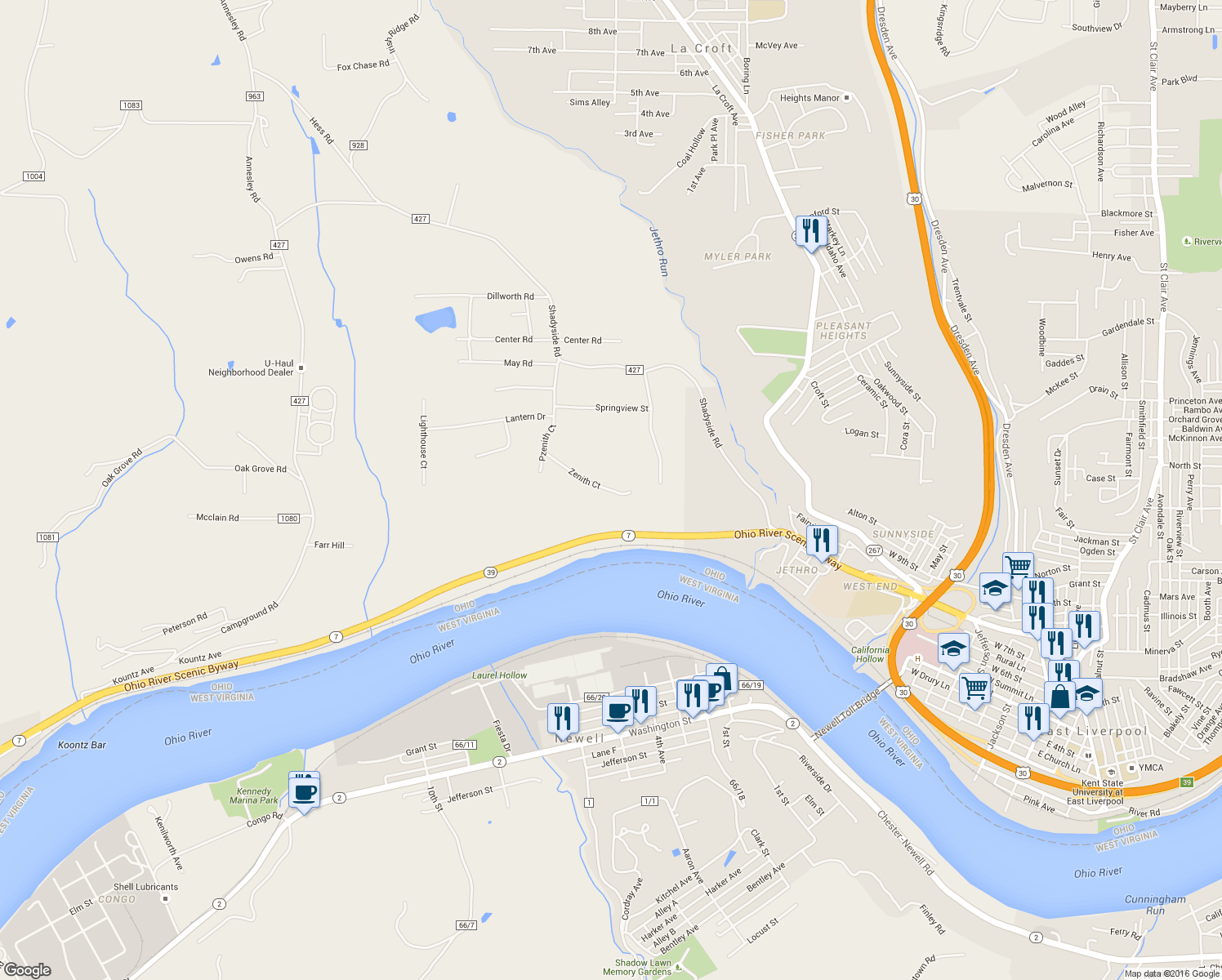 map of restaurants, bars, coffee shops, grocery stores, and more near 1348 Zenith Court in East Liverpool