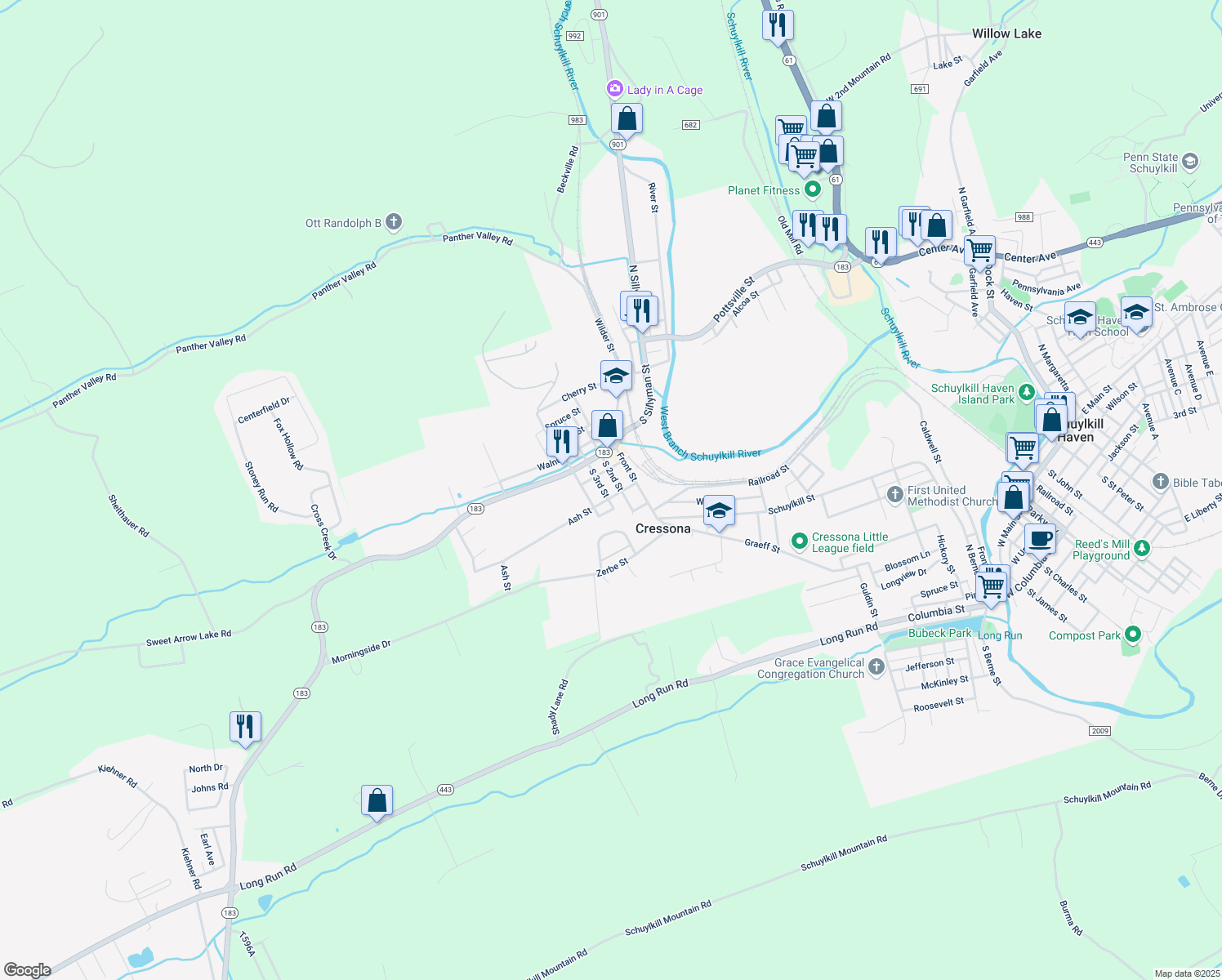 map of restaurants, bars, coffee shops, grocery stores, and more near 41 S 2nd St in Cressona