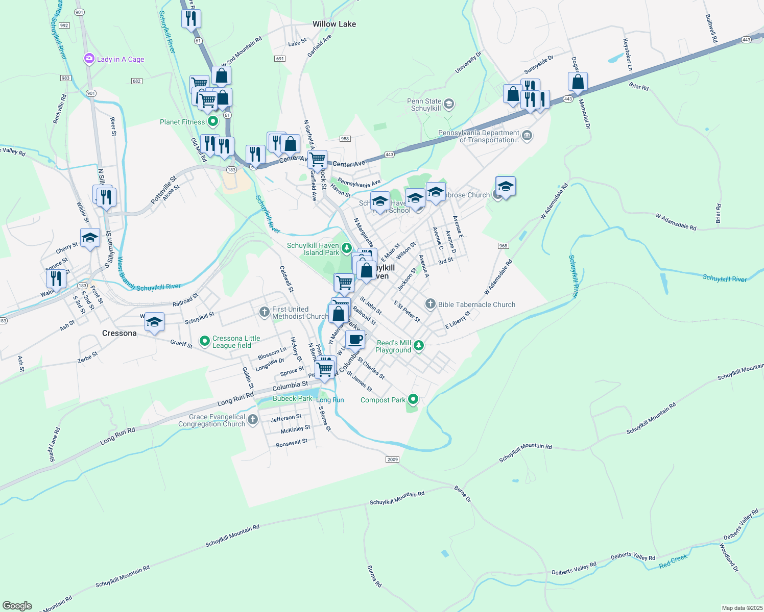 map of restaurants, bars, coffee shops, grocery stores, and more near 14 East Union Street in Schuylkill Haven