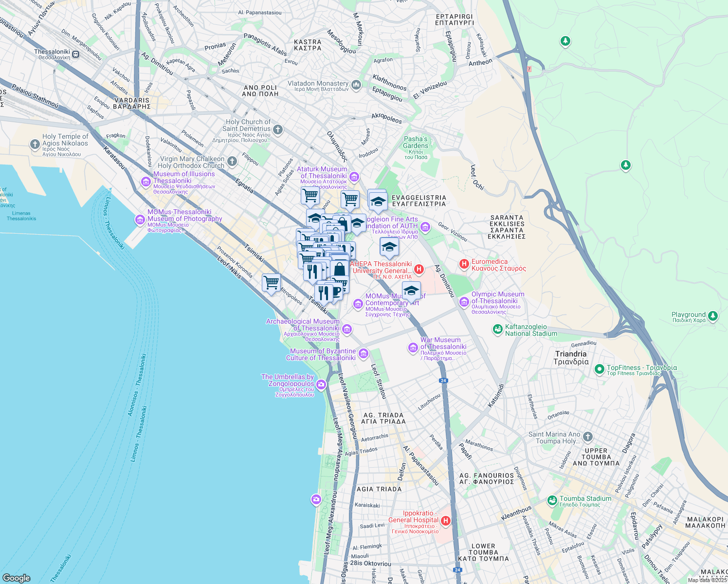 map of restaurants, bars, coffee shops, grocery stores, and more near in Thessaloniki