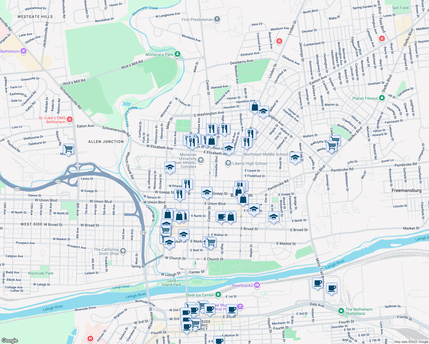 map of restaurants, bars, coffee shops, grocery stores, and more near 1033 Grenadier Boulevard in Bethlehem