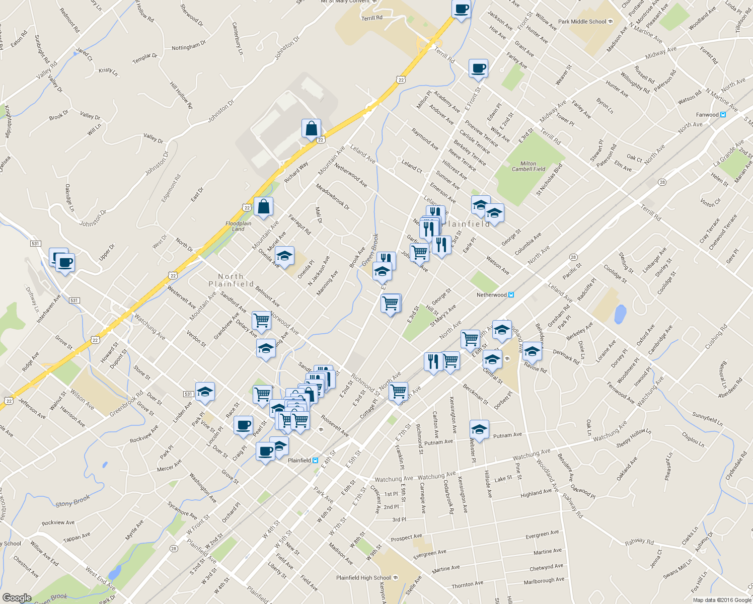map of restaurants, bars, coffee shops, grocery stores, and more near 703-713 East Front Street in Plainfield