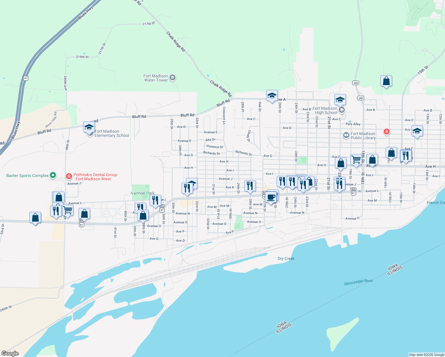map of restaurants, bars, coffee shops, grocery stores, and more near 3033 Ave J in Fort Madison