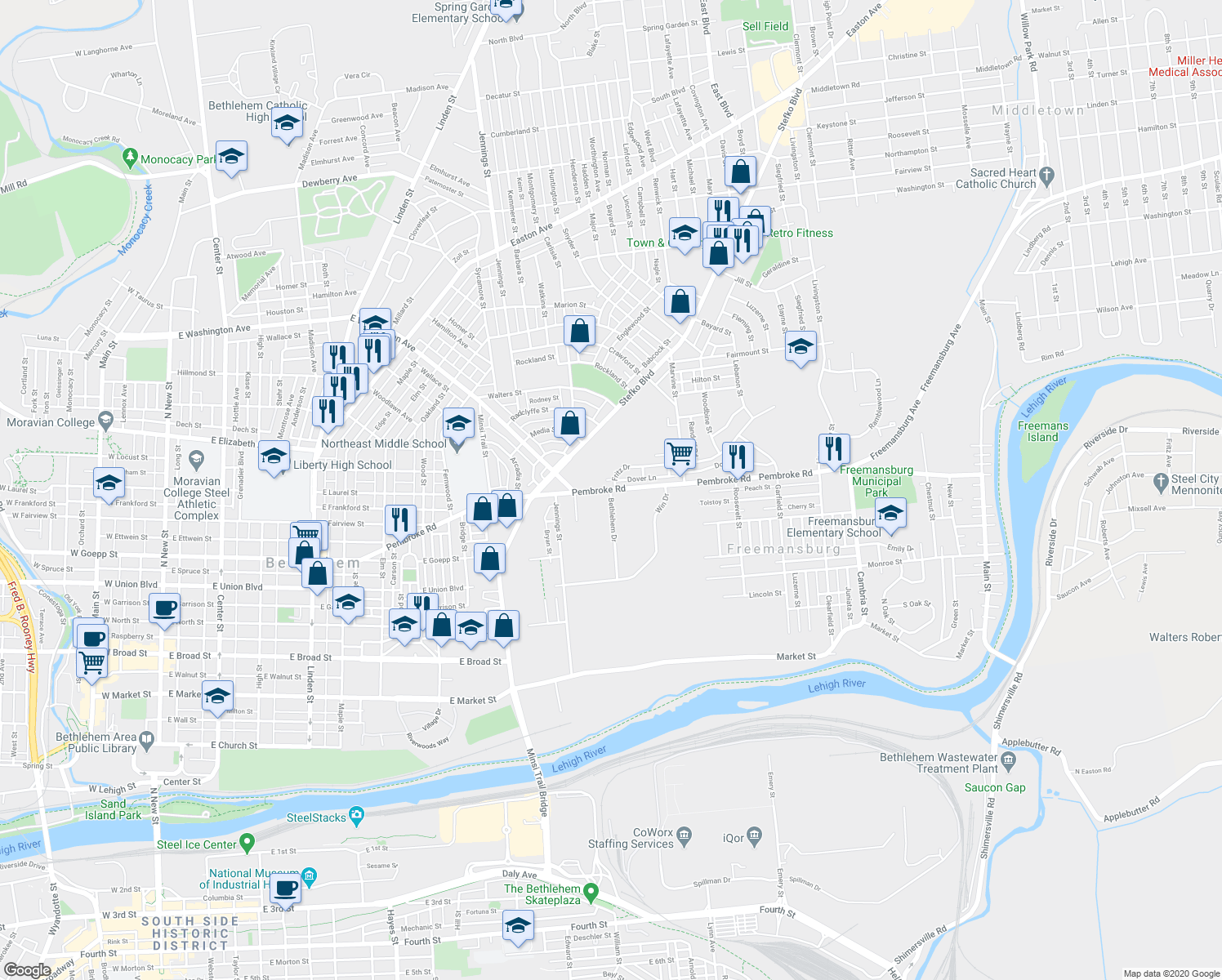 map of restaurants, bars, coffee shops, grocery stores, and more near 2156 Bethlehem Drive in Bethlehem