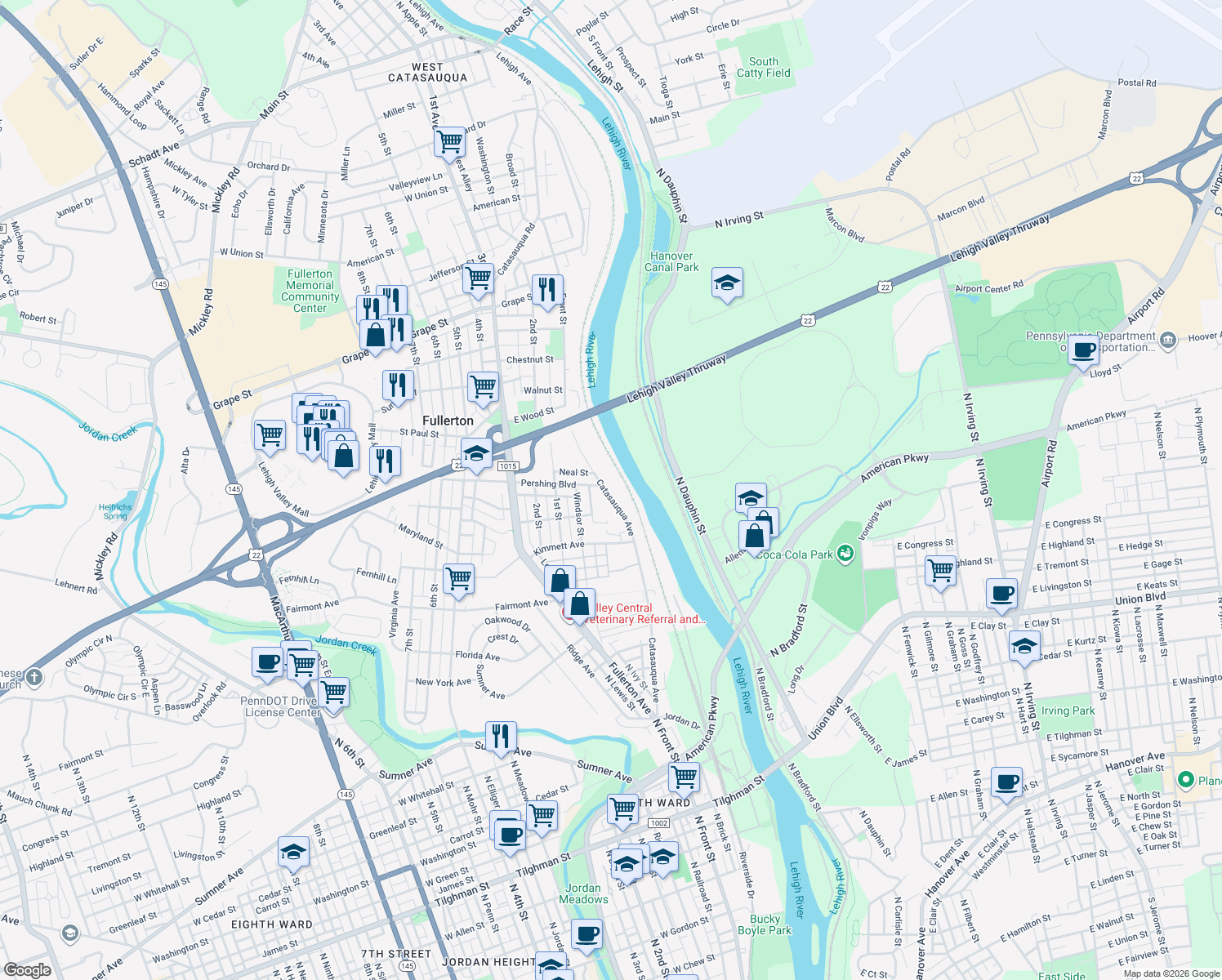 map of restaurants, bars, coffee shops, grocery stores, and more near 549 Catasauqua Avenue in Fullerton