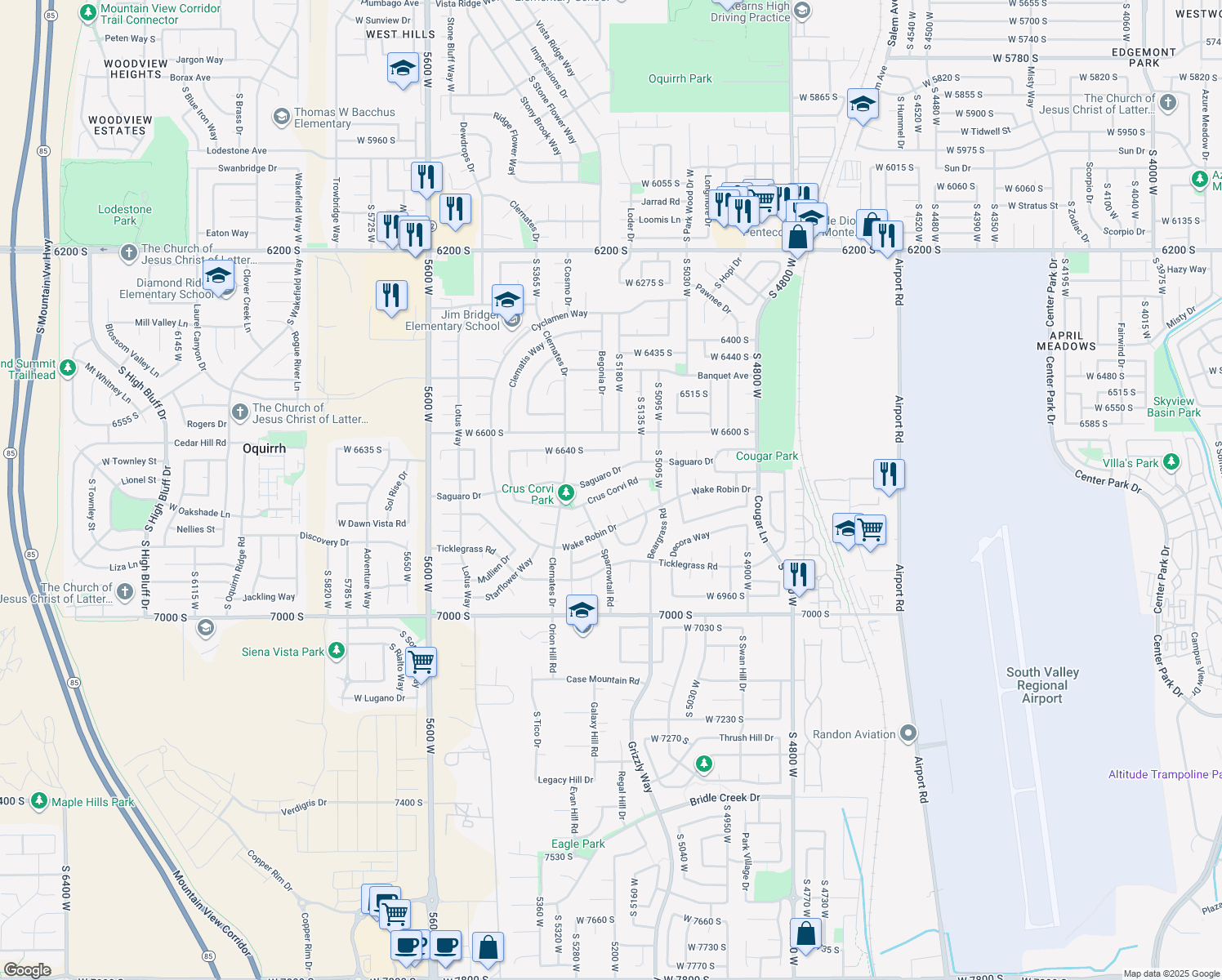 map of restaurants, bars, coffee shops, grocery stores, and more near 5198 Crus Corvi Road in West Jordan