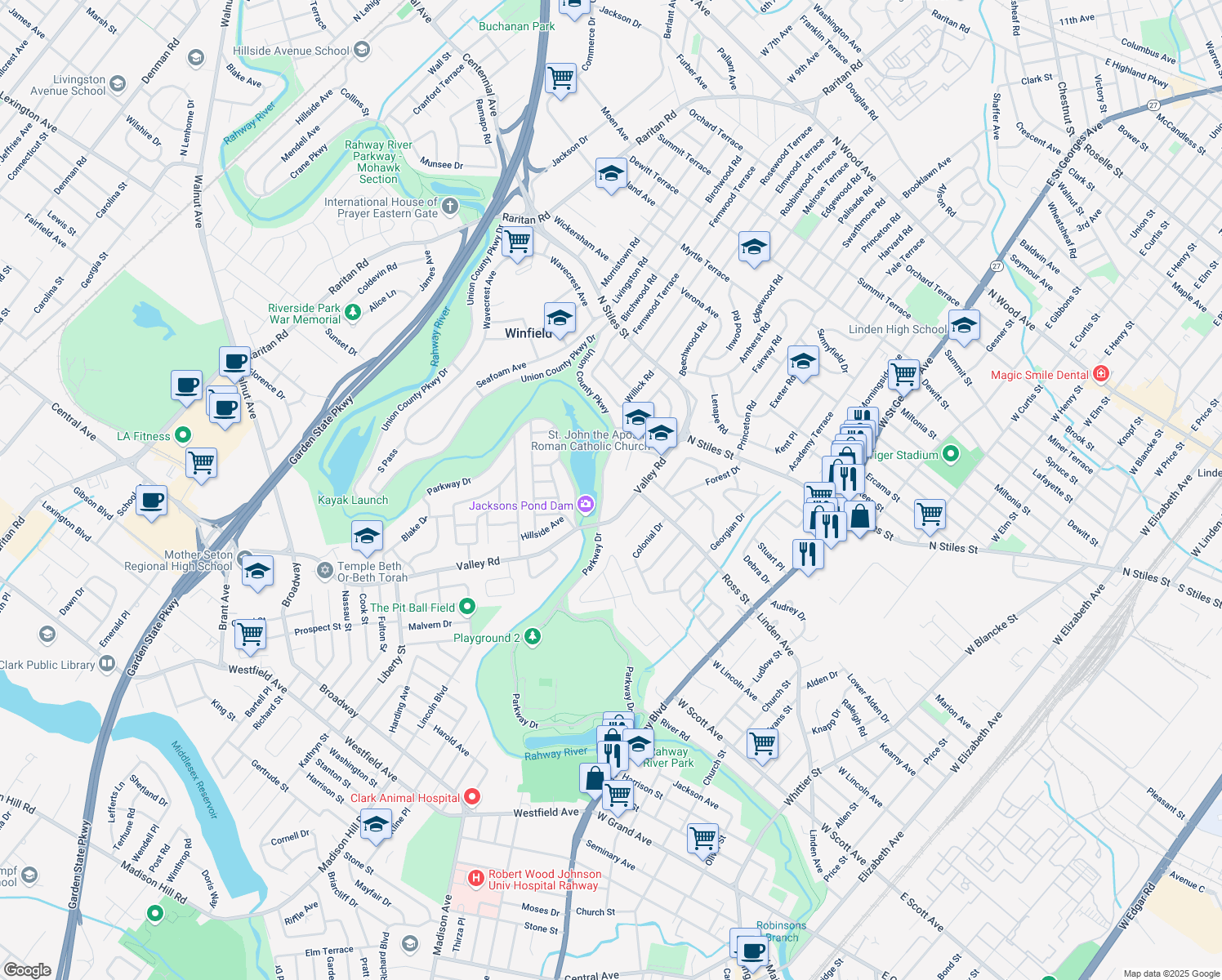 map of restaurants, bars, coffee shops, grocery stores, and more near 41 Union County Pkwy in Clark