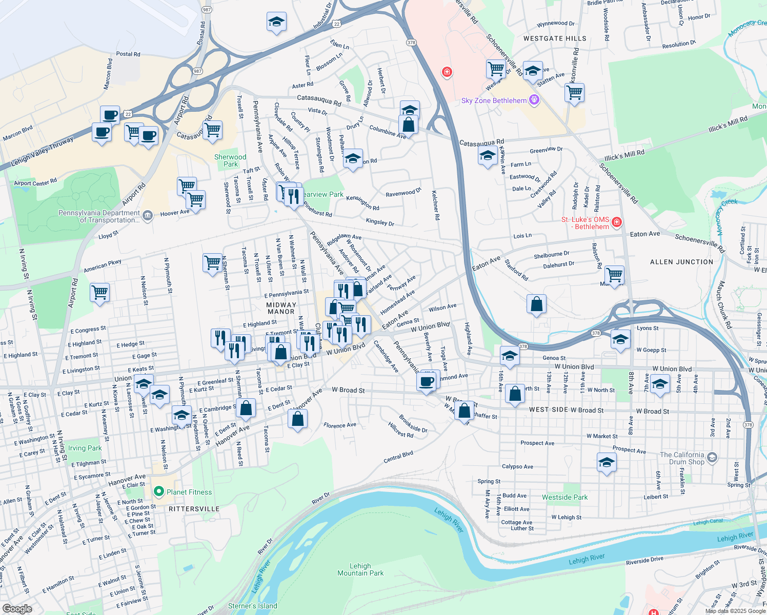 map of restaurants, bars, coffee shops, grocery stores, and more near 1966 Homestead Ave in Bethlehem