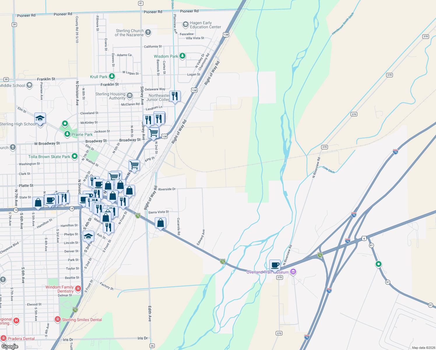 map of restaurants, bars, coffee shops, grocery stores, and more near 13351 C R 41 6 in Sterling