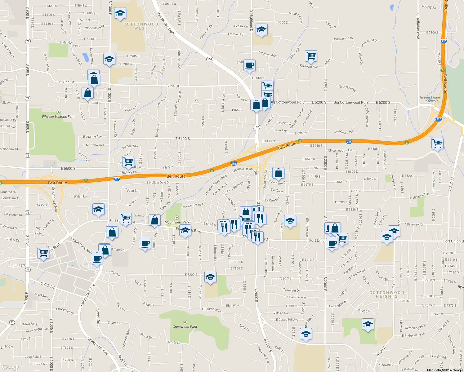 map of restaurants, bars, coffee shops, grocery stores, and more near 1895 East Brookhill Drive in Cottonwood Heights