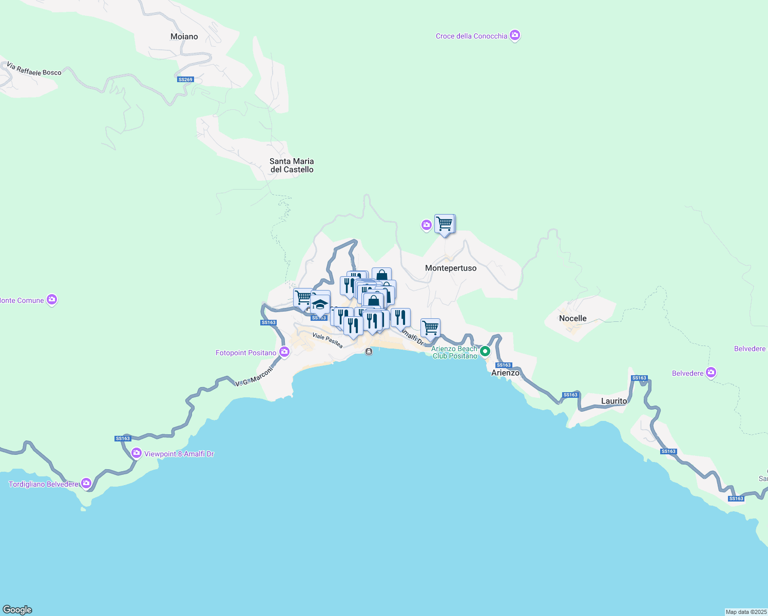 map of restaurants, bars, coffee shops, grocery stores, and more near 161 Via Guglielmo Marconi in Positano