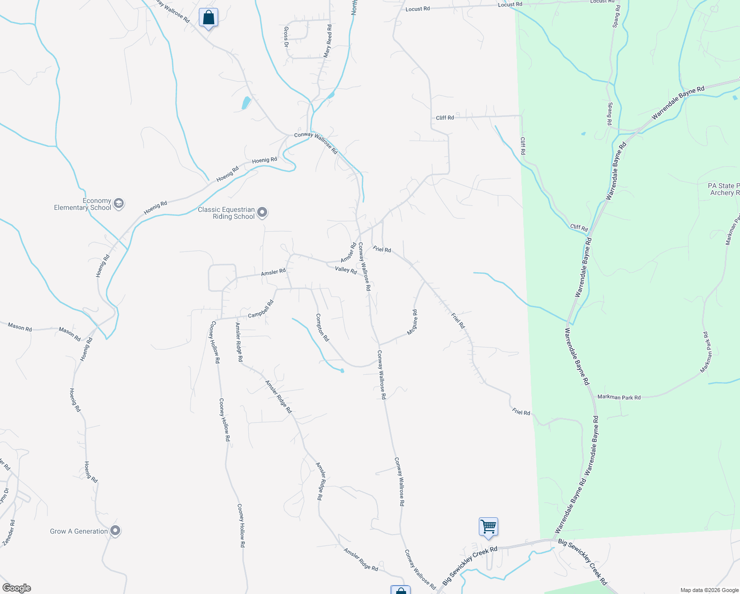 map of restaurants, bars, coffee shops, grocery stores, and more near 3403 Conway Wallrose Road in Sewickley