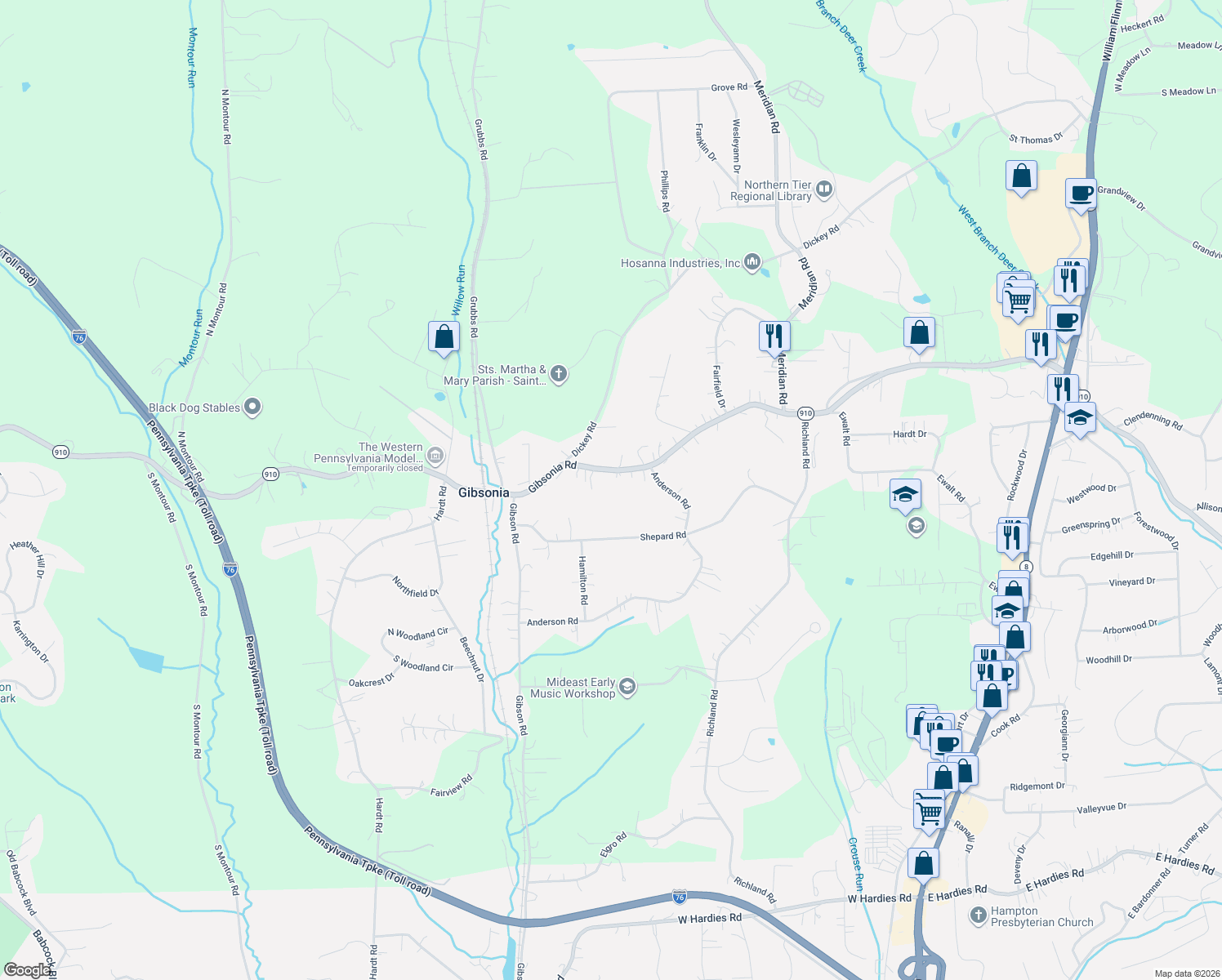map of restaurants, bars, coffee shops, grocery stores, and more near 3846 Gibsonia Rd in Gibsonia