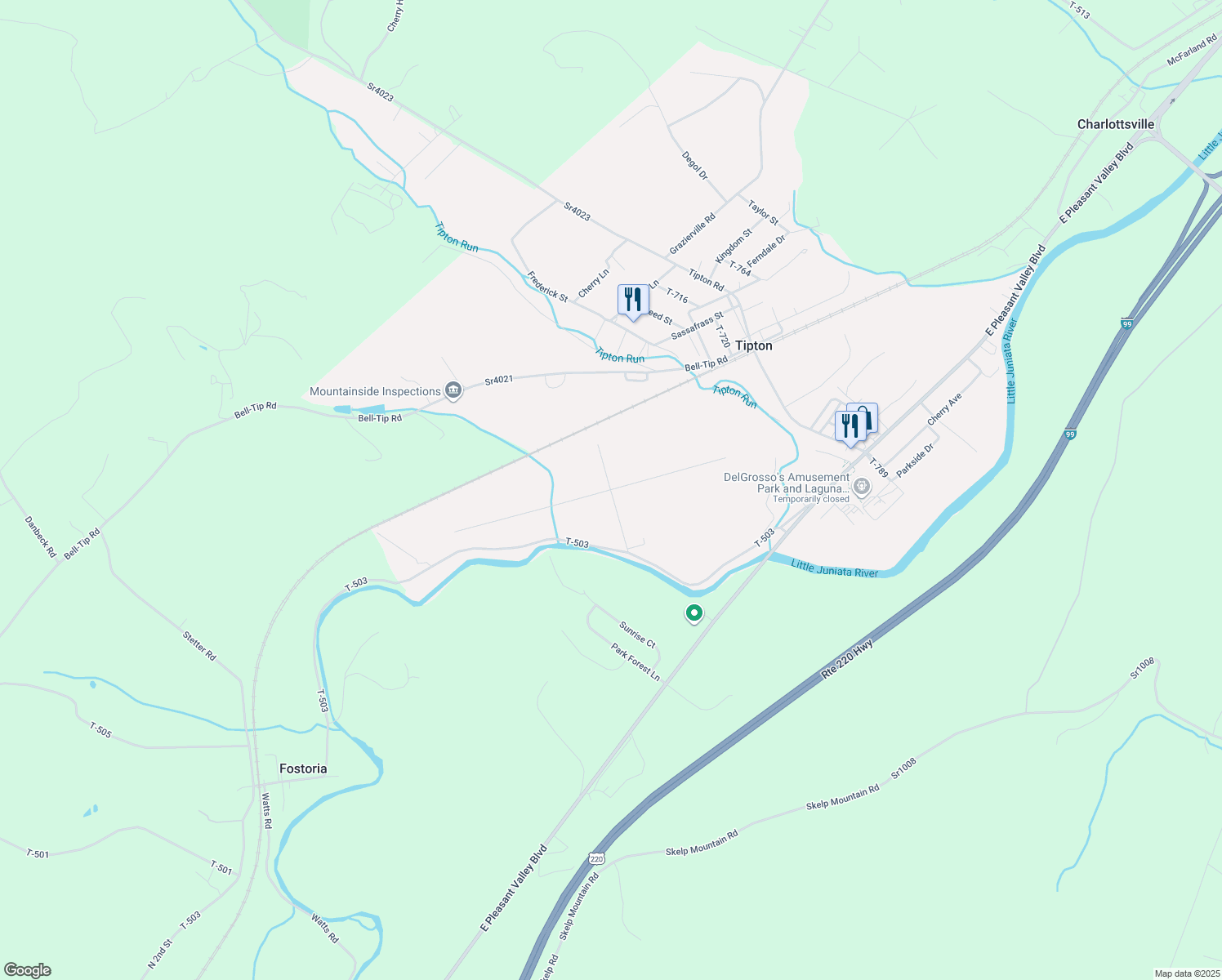 map of restaurants, bars, coffee shops, grocery stores, and more near Park Avenue in Tyrone