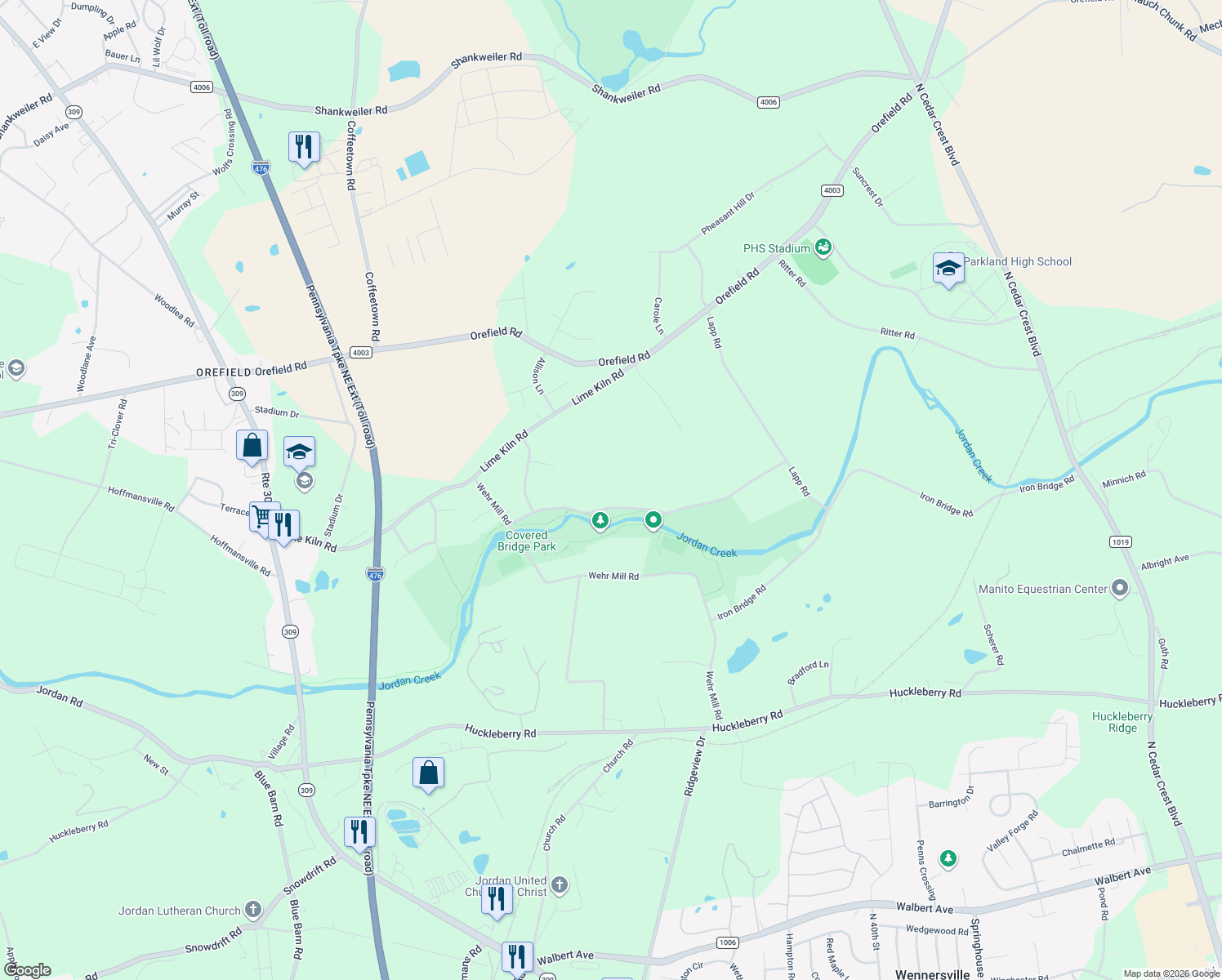map of restaurants, bars, coffee shops, grocery stores, and more near 4056 Lime Kiln Road in Allentown