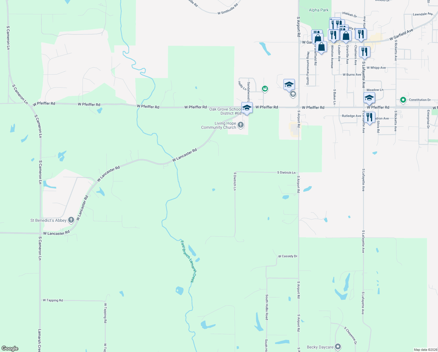 map of restaurants, bars, coffee shops, grocery stores, and more near 4925 South Dietrich Lane in Bartonville