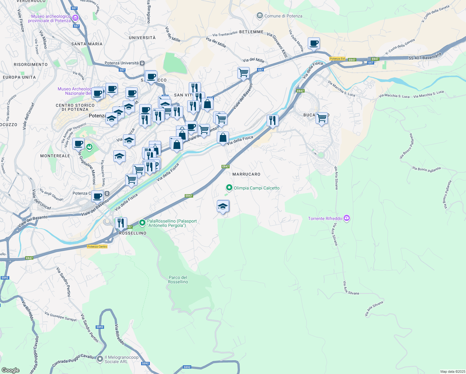 map of restaurants, bars, coffee shops, grocery stores, and more near 29 Contrada Marrucaro in Potenza