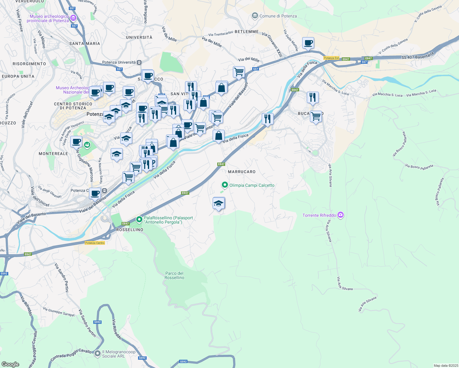 map of restaurants, bars, coffee shops, grocery stores, and more near 29 Contrada Marrucaro in Potenza