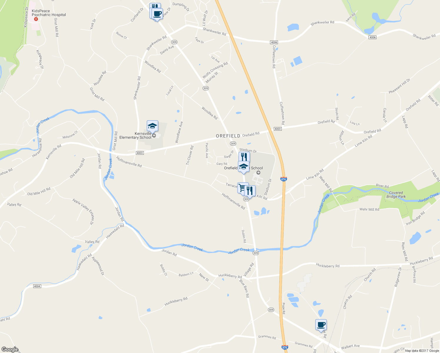 map of restaurants, bars, coffee shops, grocery stores, and more near 4746 Trojan Street in Lehigh County