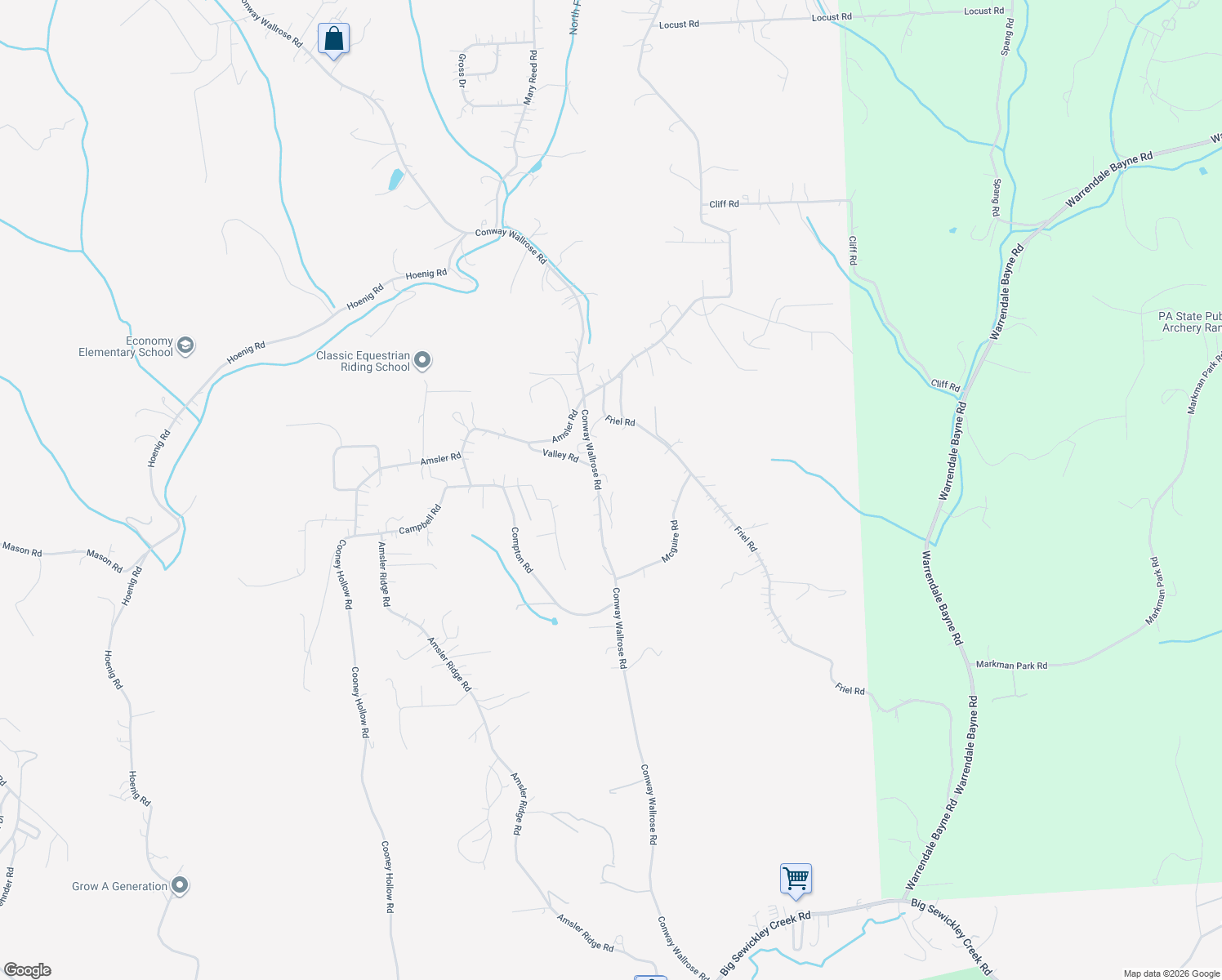 map of restaurants, bars, coffee shops, grocery stores, and more near 3403 Conway Wallrose Road in Sewickley