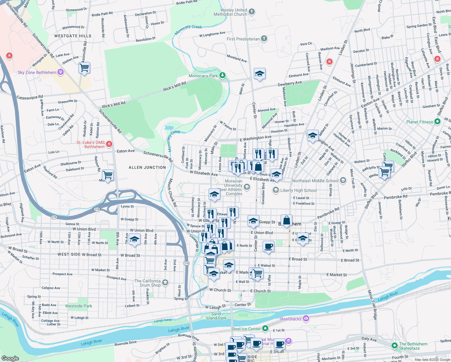 map of restaurants, bars, coffee shops, grocery stores, and more near 1211 Lorain Ave in Bethlehem