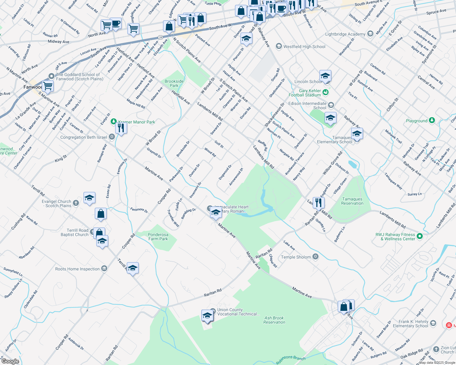 map of restaurants, bars, coffee shops, grocery stores, and more near 2037 Arrowwood Drive in Scotch Plains
