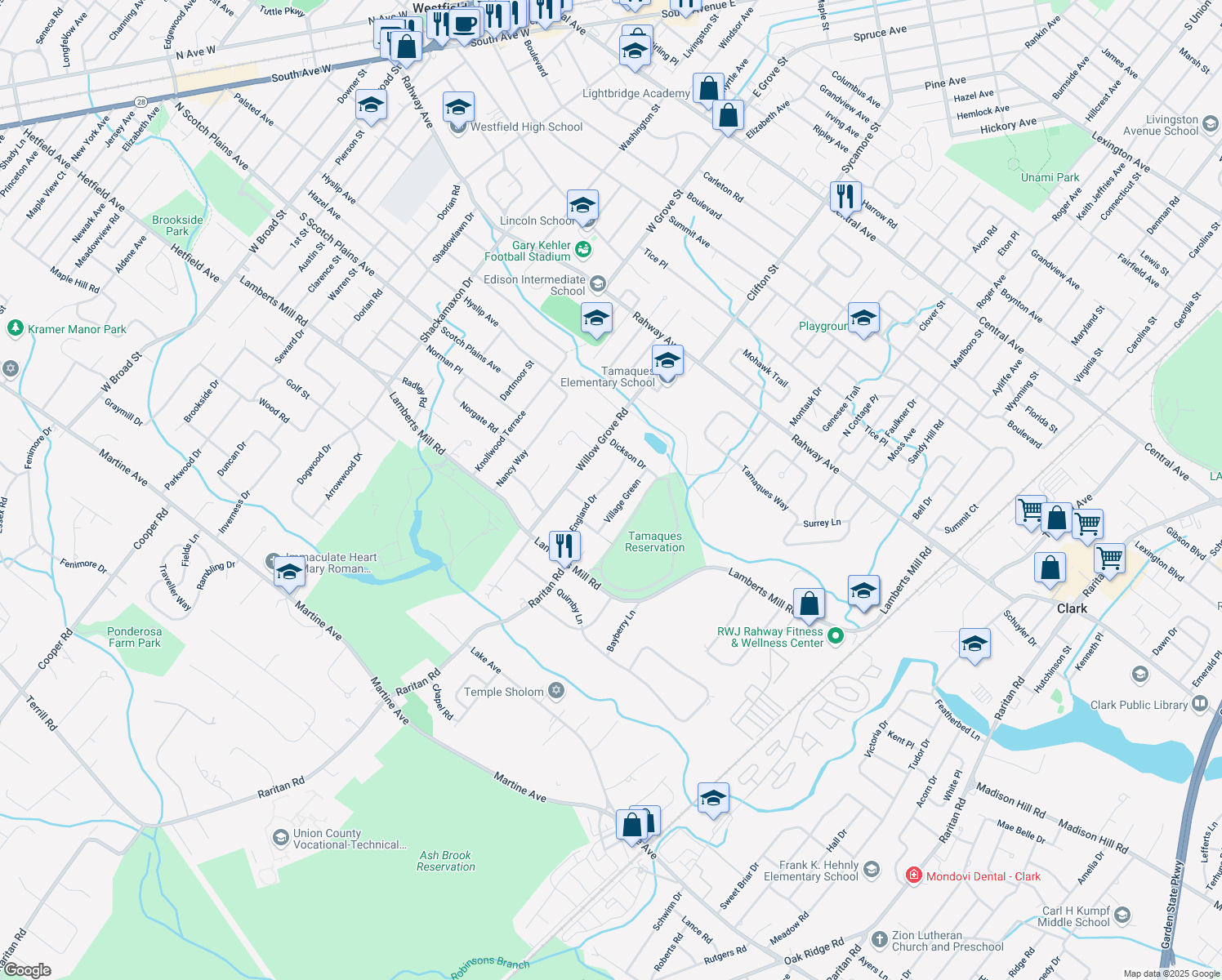 map of restaurants, bars, coffee shops, grocery stores, and more near 857 New England Drive in Westfield
