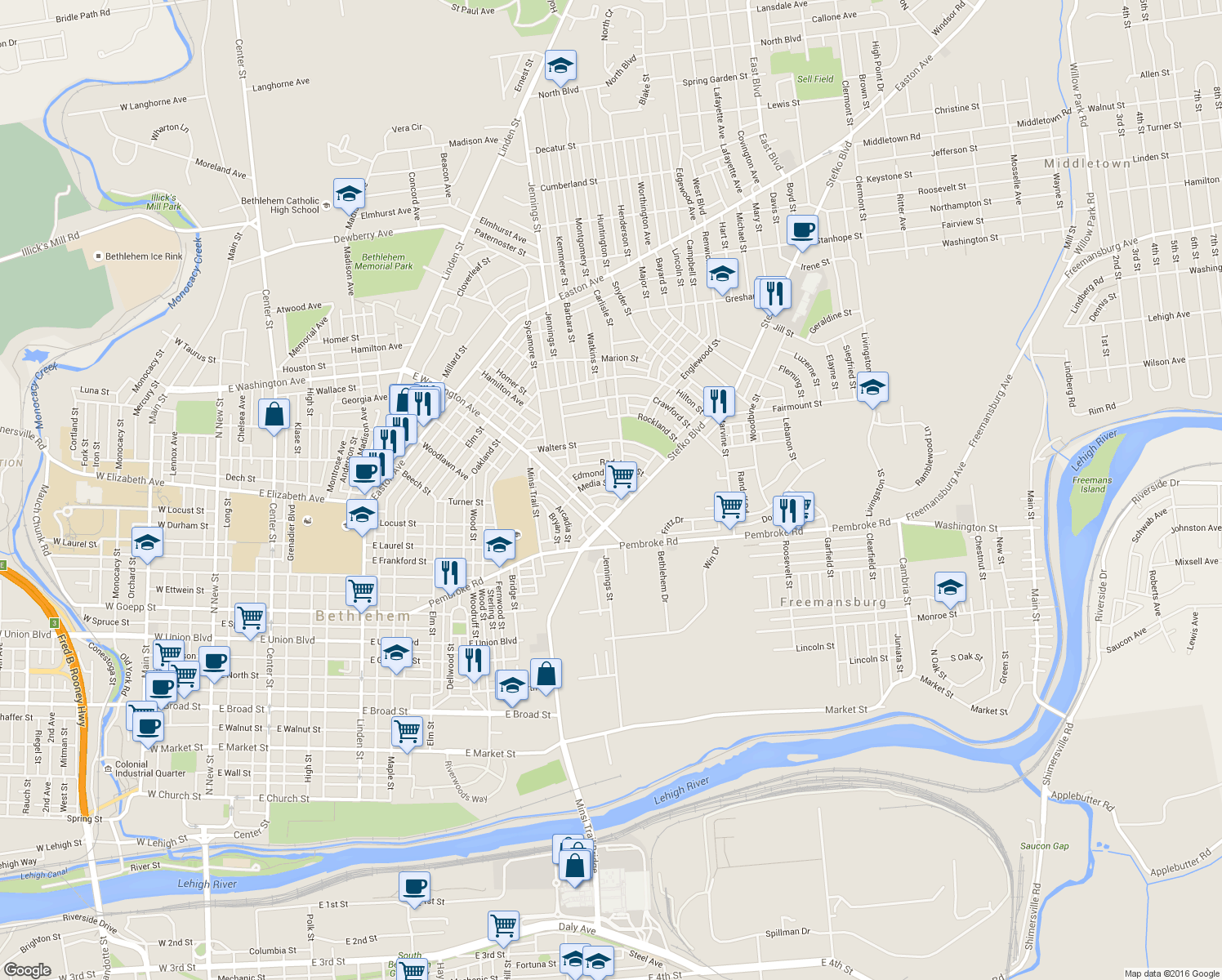 map of restaurants, bars, coffee shops, grocery stores, and more near 852 Media Street in Bethlehem