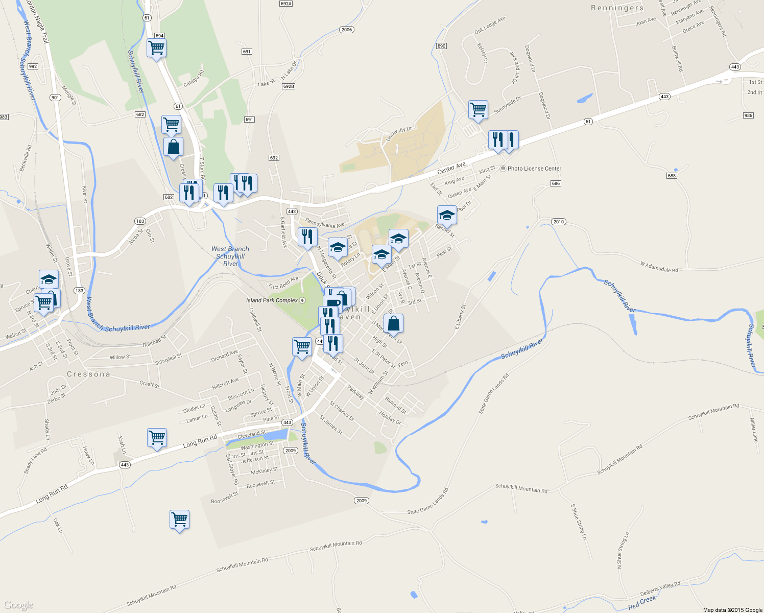 map of restaurants, bars, coffee shops, grocery stores, and more near 416 East Union Street in Schuylkill Haven