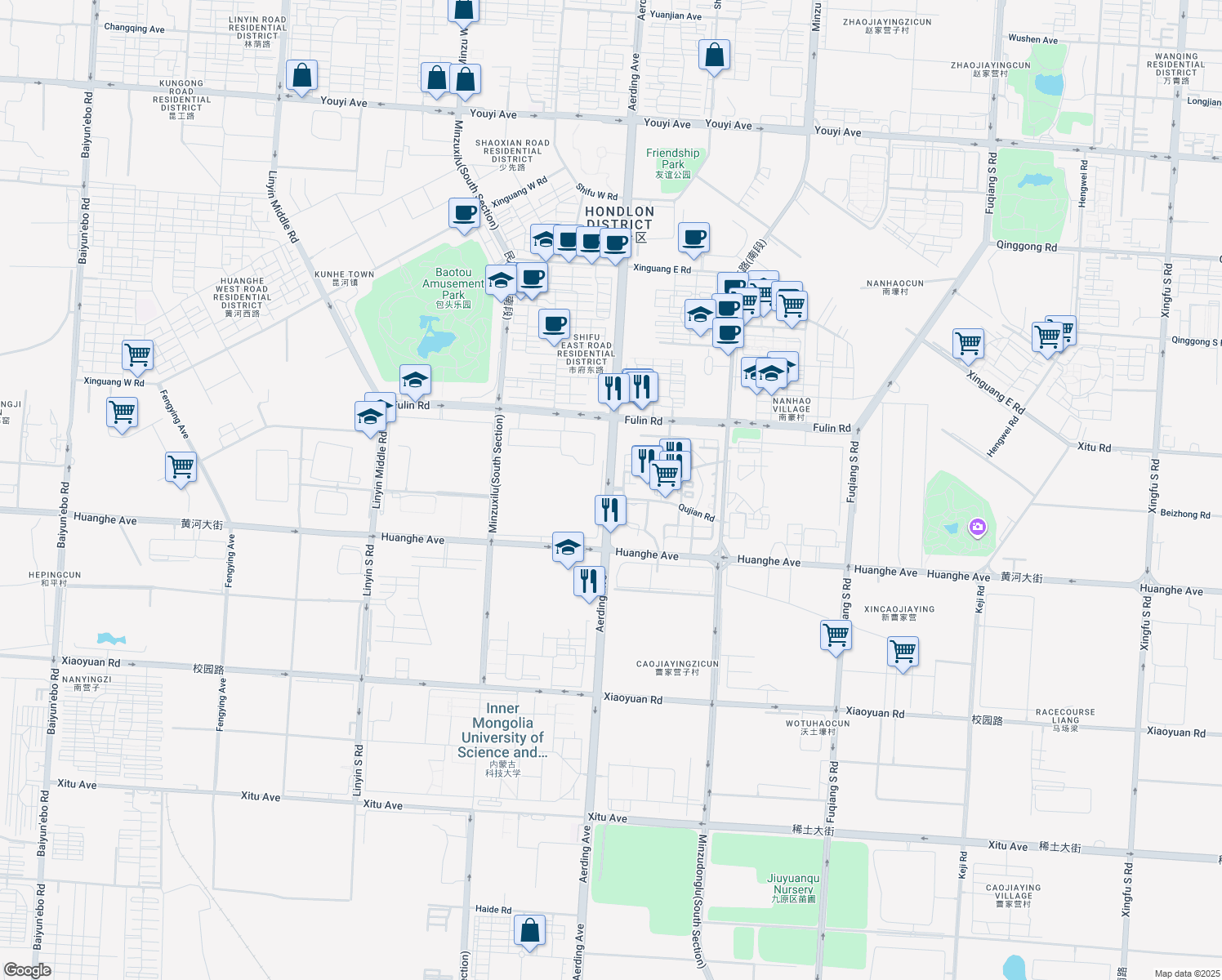 map of restaurants, bars, coffee shops, grocery stores, and more near A Er Ding Da Jie in Bao Tou Shi