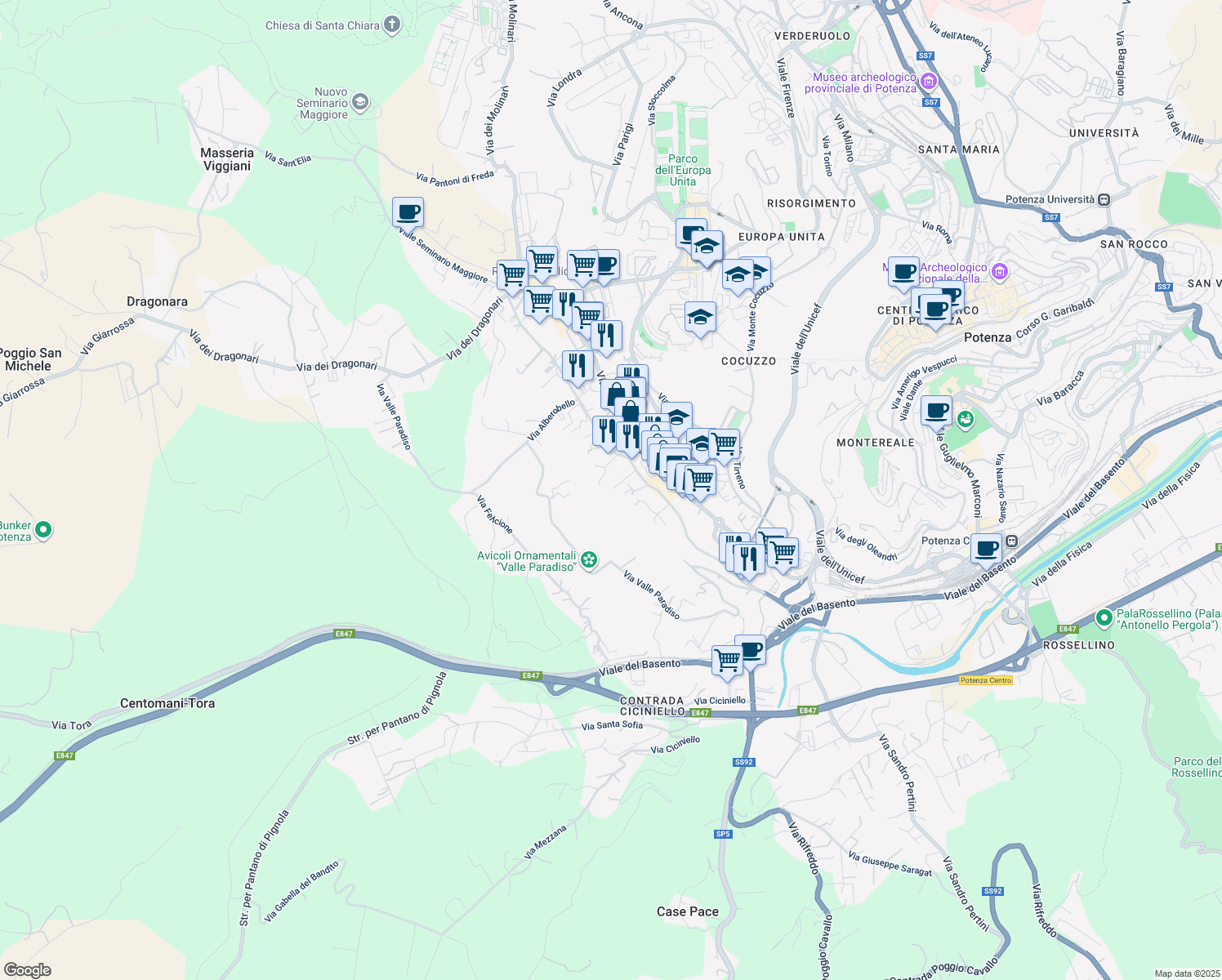 map of restaurants, bars, coffee shops, grocery stores, and more near 96 Via Isca del Pioppo in Potenza