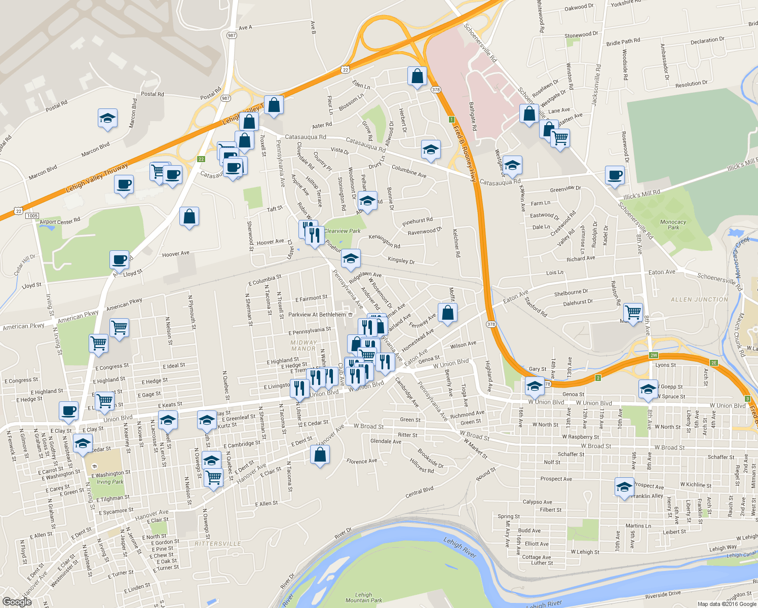 map of restaurants, bars, coffee shops, grocery stores, and more near 1234 Andover Road in Bethlehem