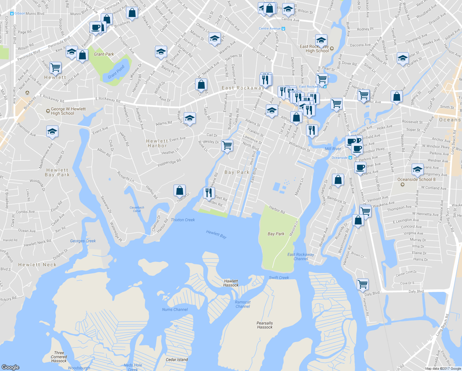 map of restaurants, bars, coffee shops, grocery stores, and more near 59 Hewlett Point Avenue in East Rockaway