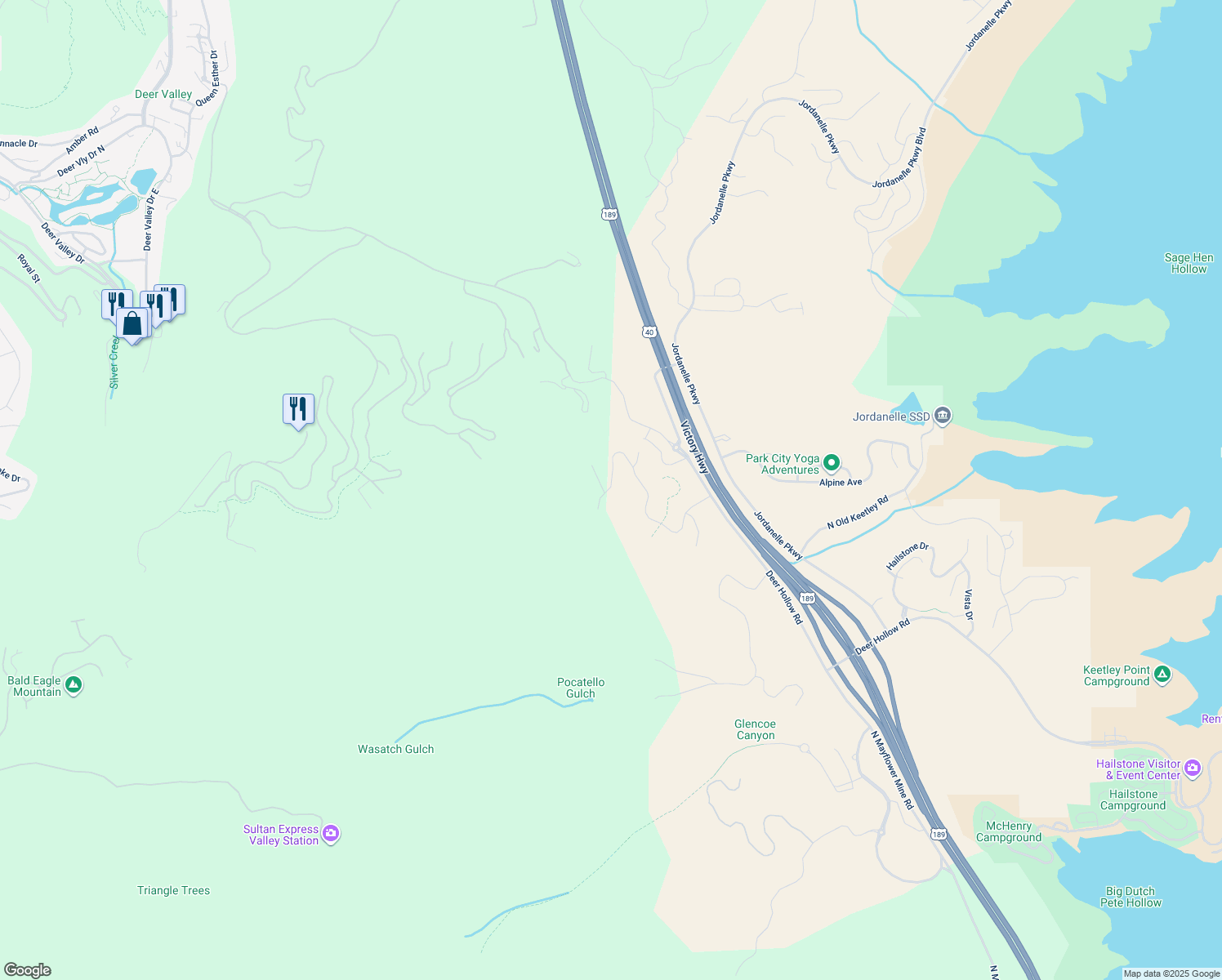 map of restaurants, bars, coffee shops, grocery stores, and more near 2421 West Sonder Way in Park City