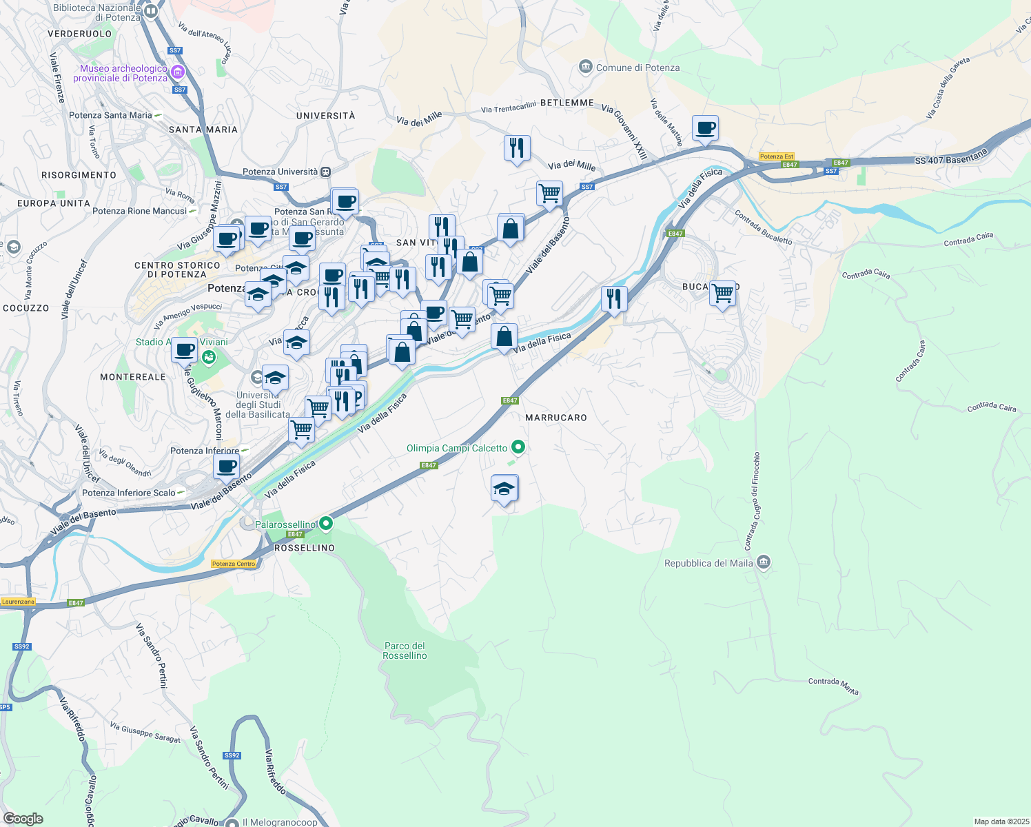 map of restaurants, bars, coffee shops, grocery stores, and more near 10 Via delle Ginestre in Potenza