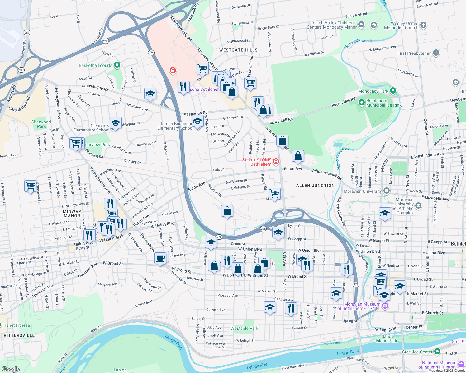 map of restaurants, bars, coffee shops, grocery stores, and more near 1105 Kimberly Road in Bethlehem