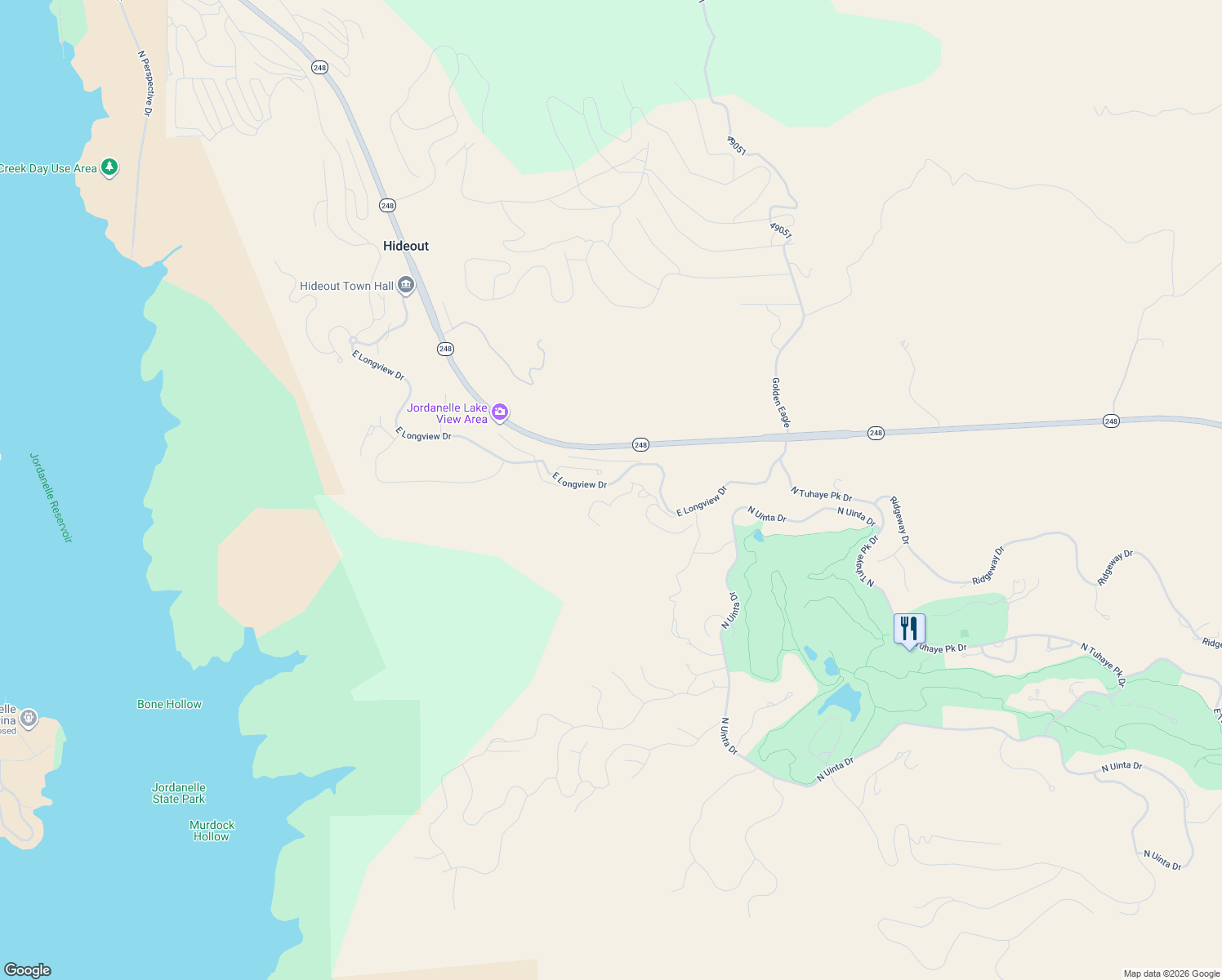 map of restaurants, bars, coffee shops, grocery stores, and more near 1734 Longview Drive in Hideout