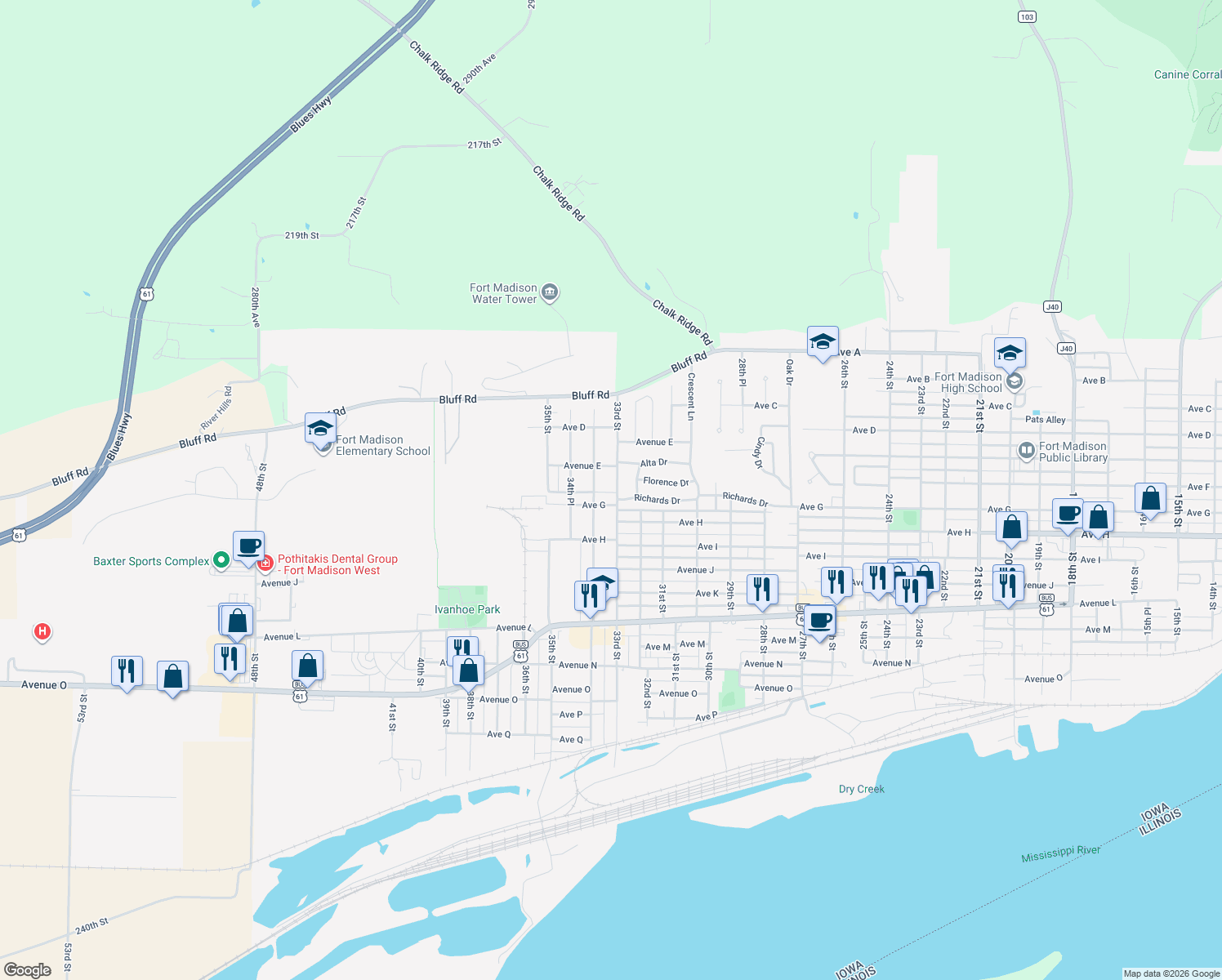 map of restaurants, bars, coffee shops, grocery stores, and more near 515 33rd St in Fort Madison