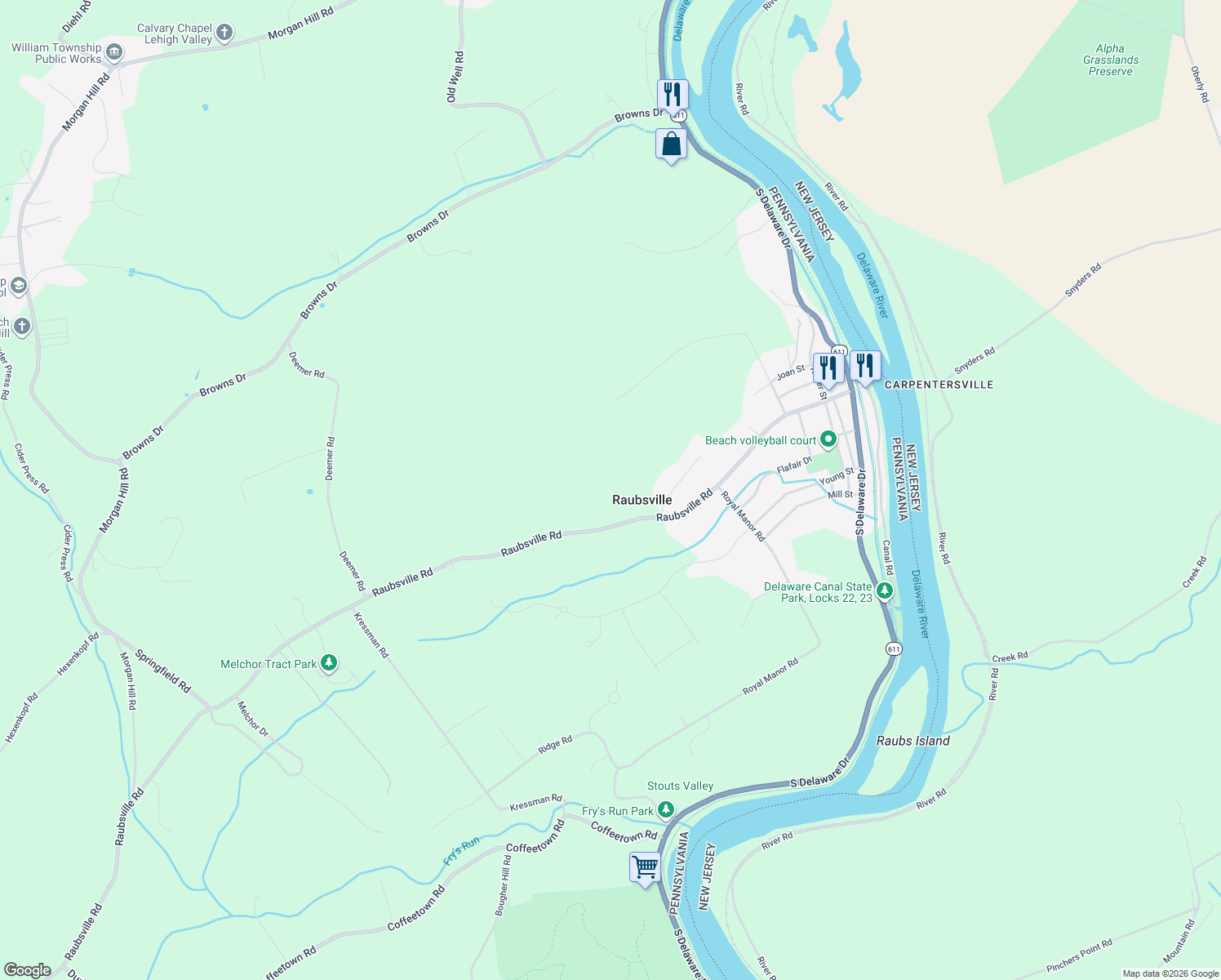 map of restaurants, bars, coffee shops, grocery stores, and more near 290 Raubsville Road in Northampton County