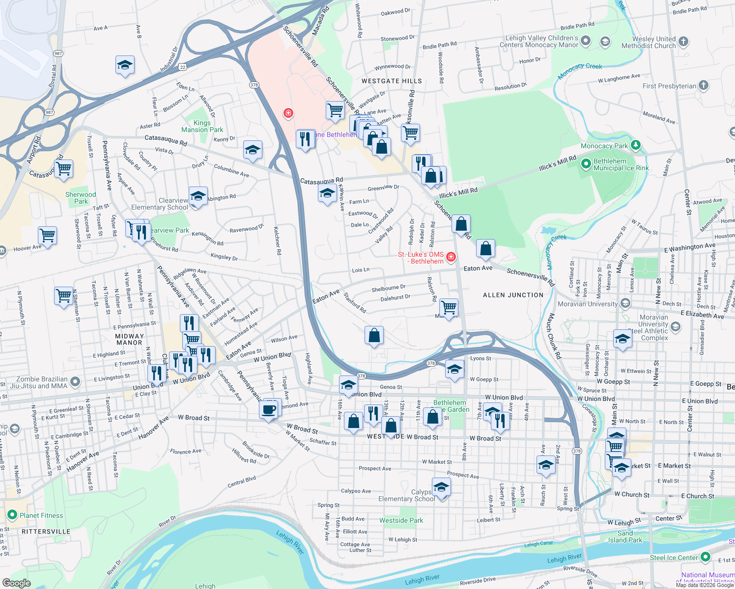 map of restaurants, bars, coffee shops, grocery stores, and more near 1511 Shelbourne Dr in Bethlehem