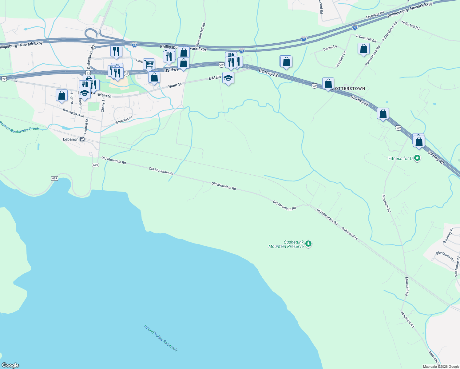 map of restaurants, bars, coffee shops, grocery stores, and more near 57 Old Mountain Road in Lebanon
