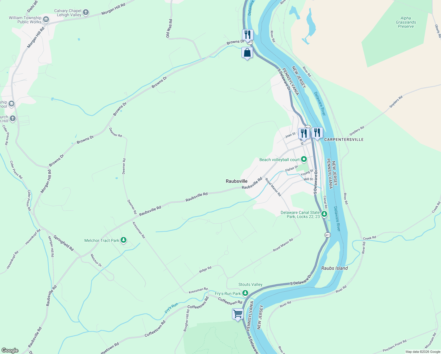 map of restaurants, bars, coffee shops, grocery stores, and more near 290 Raubsville Road in Northampton County