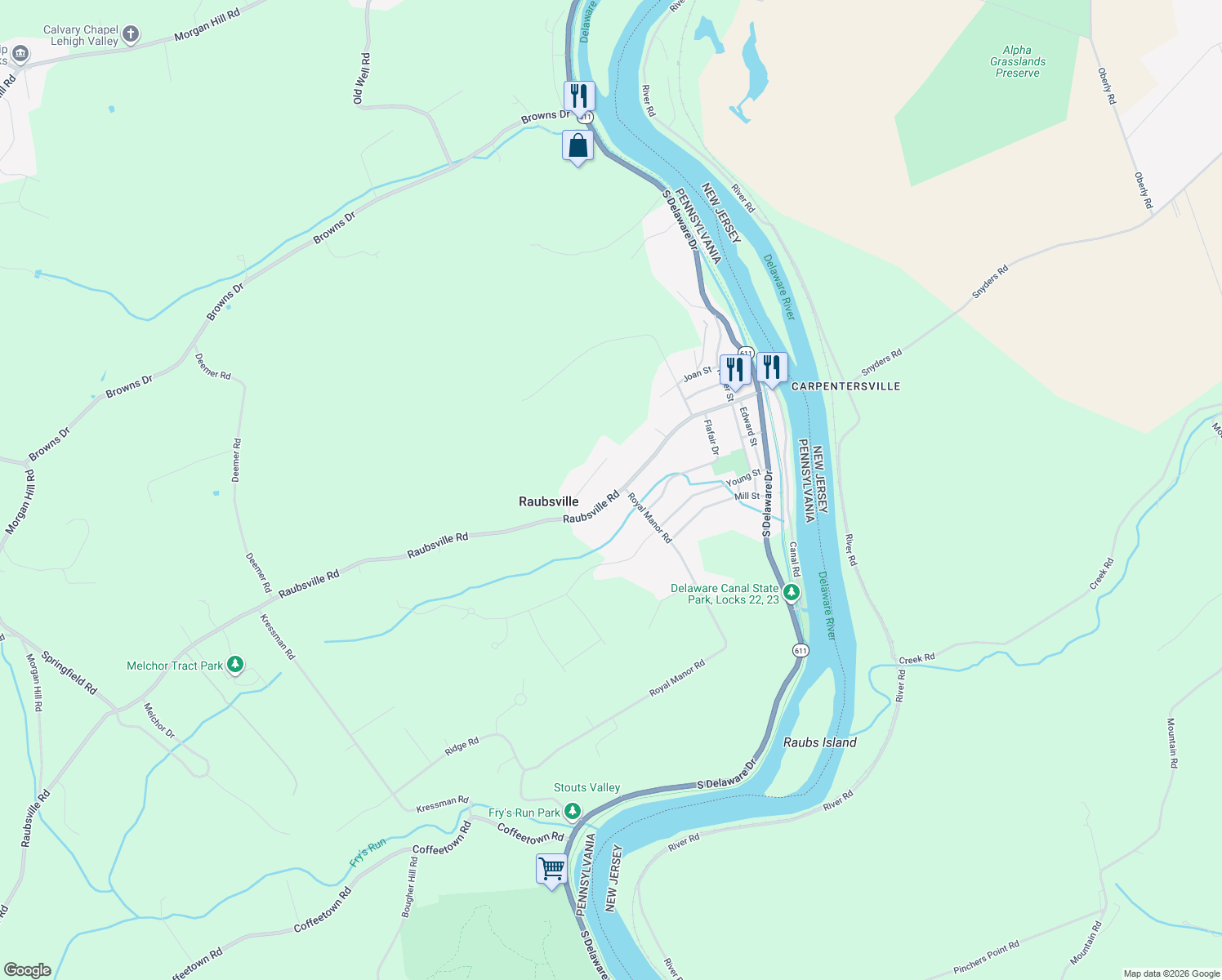 map of restaurants, bars, coffee shops, grocery stores, and more near 230 Raubsville Road in Easton