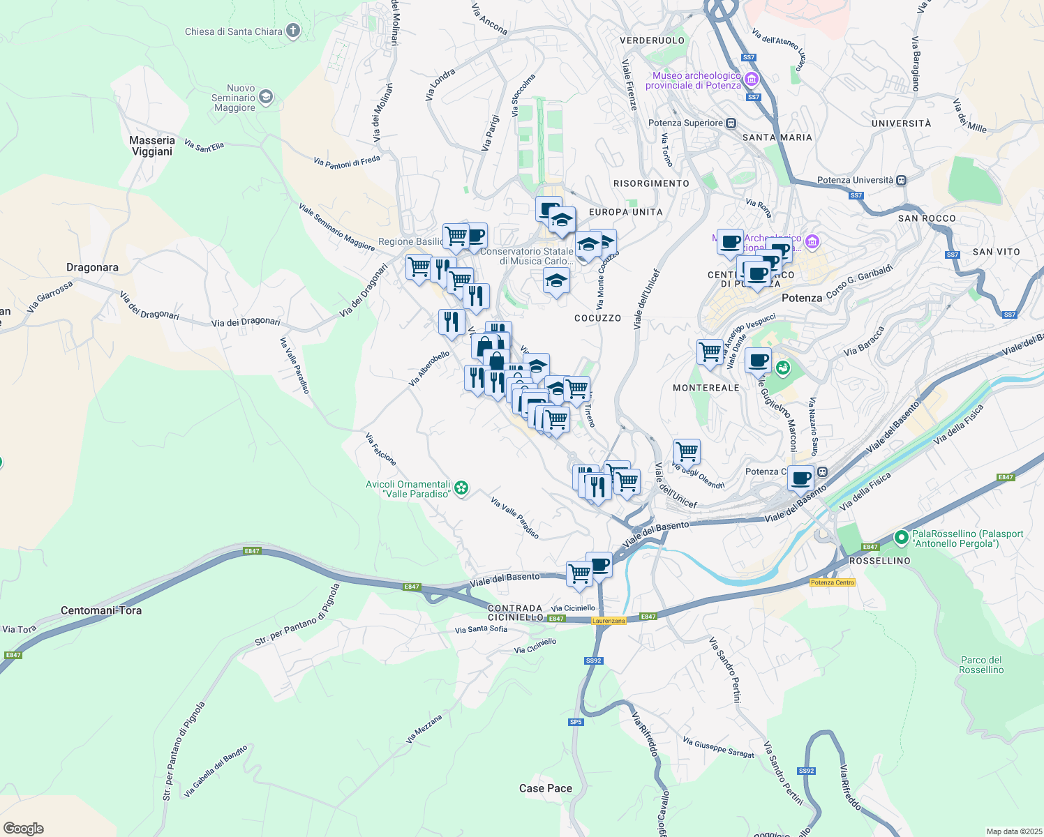 map of restaurants, bars, coffee shops, grocery stores, and more near 89-93 Via del Gallitello in Potenza