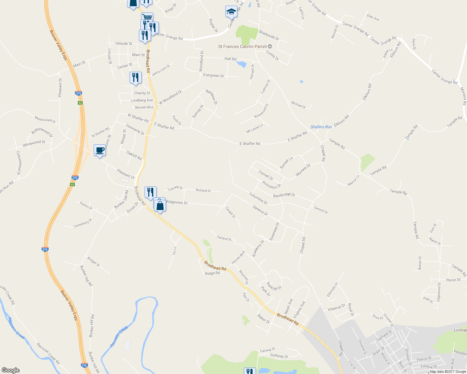 map of restaurants, bars, coffee shops, grocery stores, and more near 313 Columbia Drive in Aliquippa